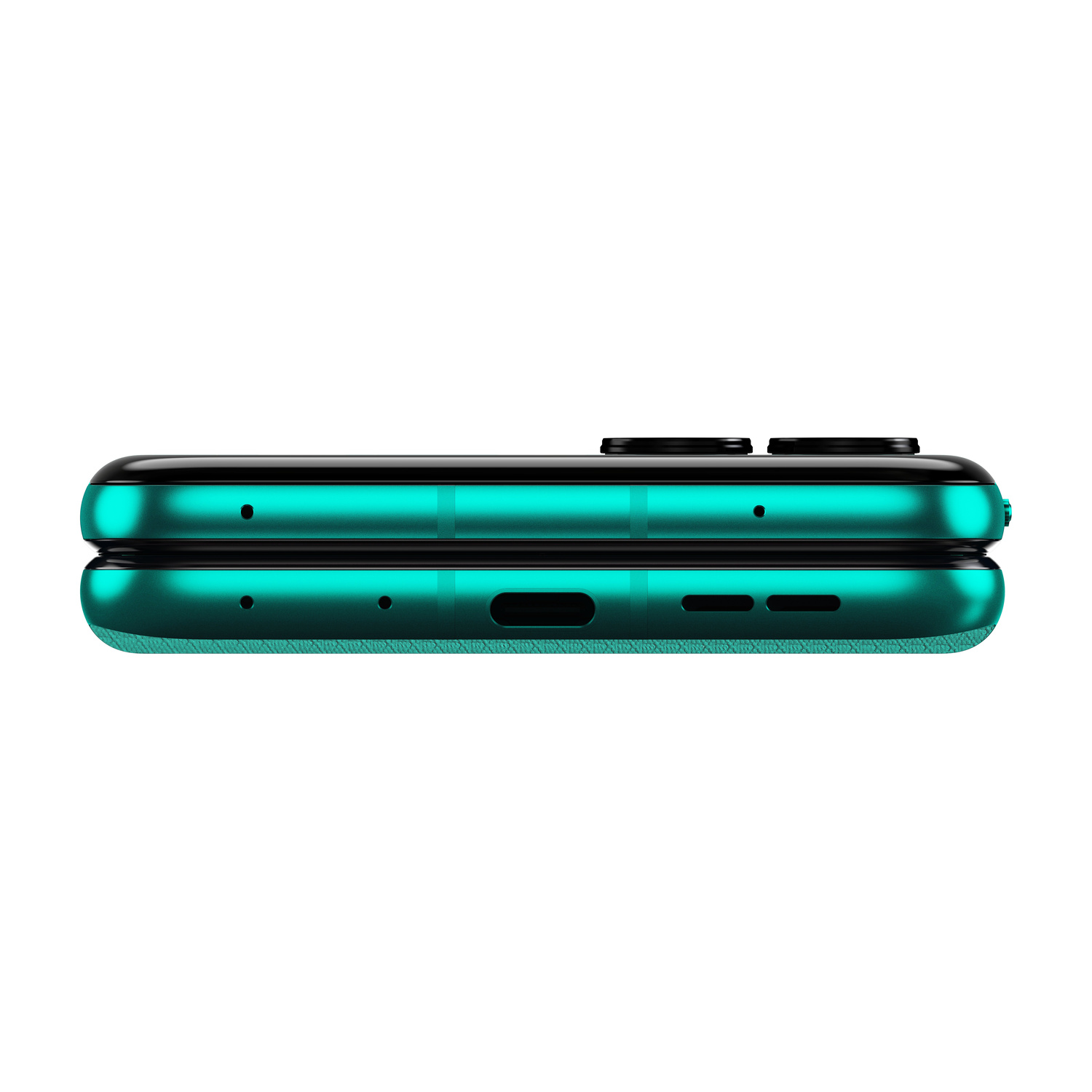 Primo piano di uno smartphone turchese sdraiato su un lato. La parte superiore mostra due pulsanti neri e un piccolo foro.