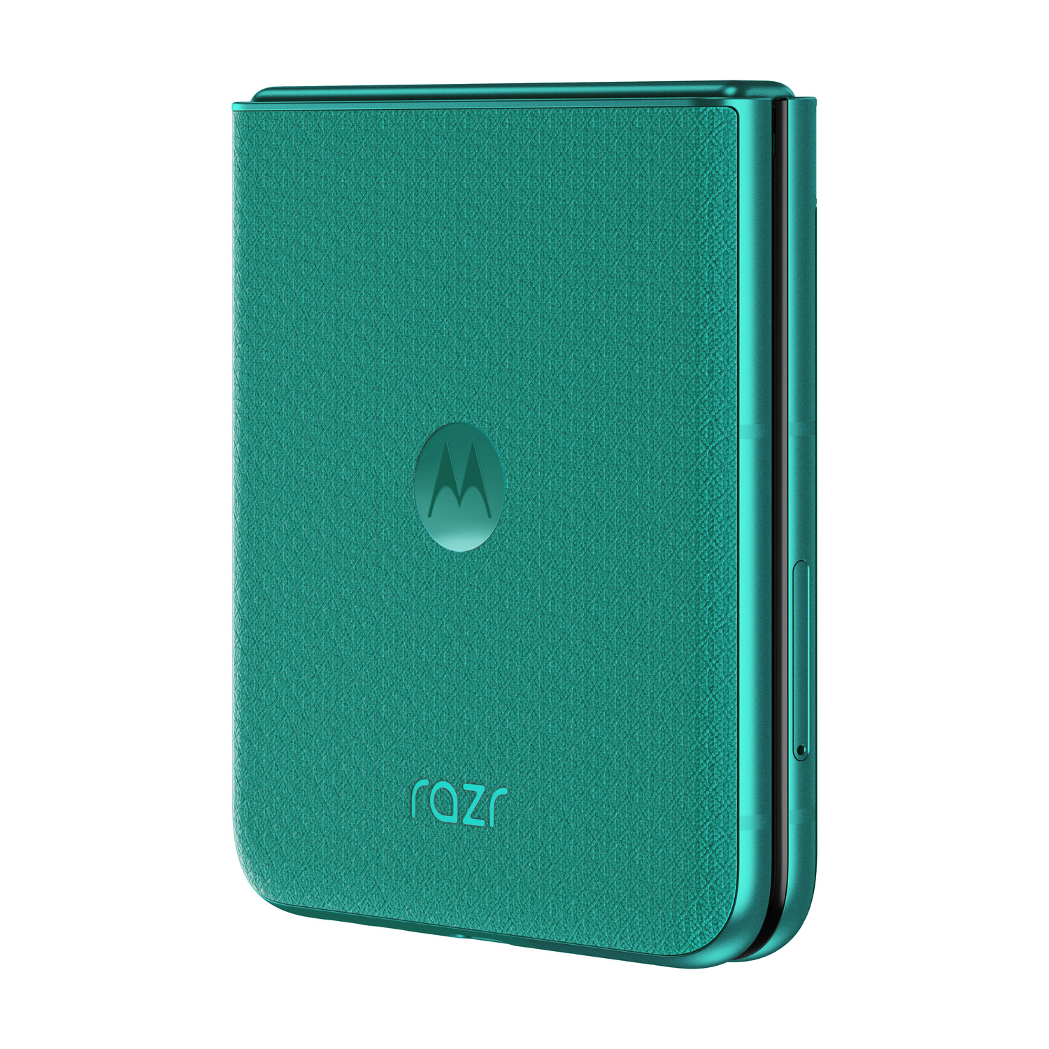 Telefono pieghevole Motorola Razr verde acqua chiuso, retro testurizzato logo.