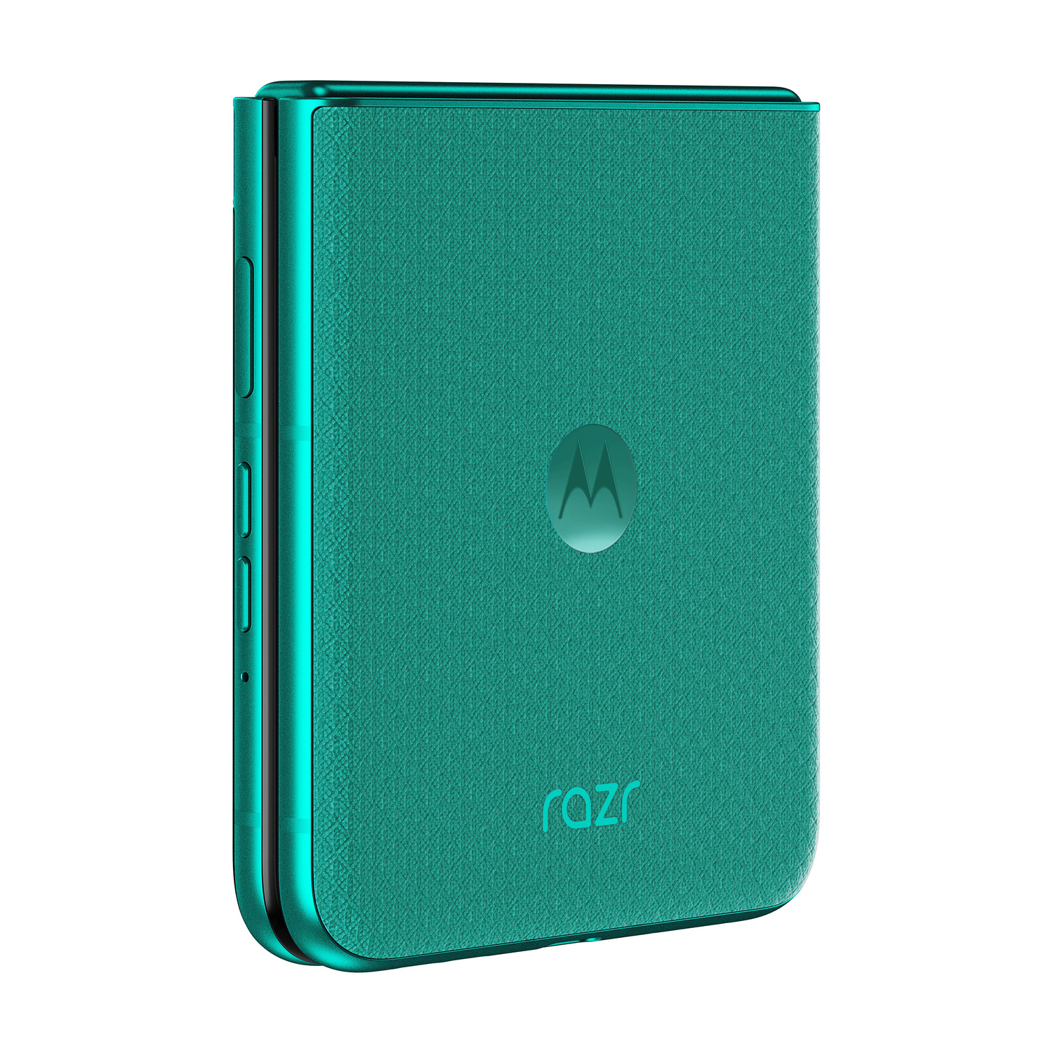 Telefono pieghevole chiuso, color verde acqua, con logo Motorola e scritta "razr".