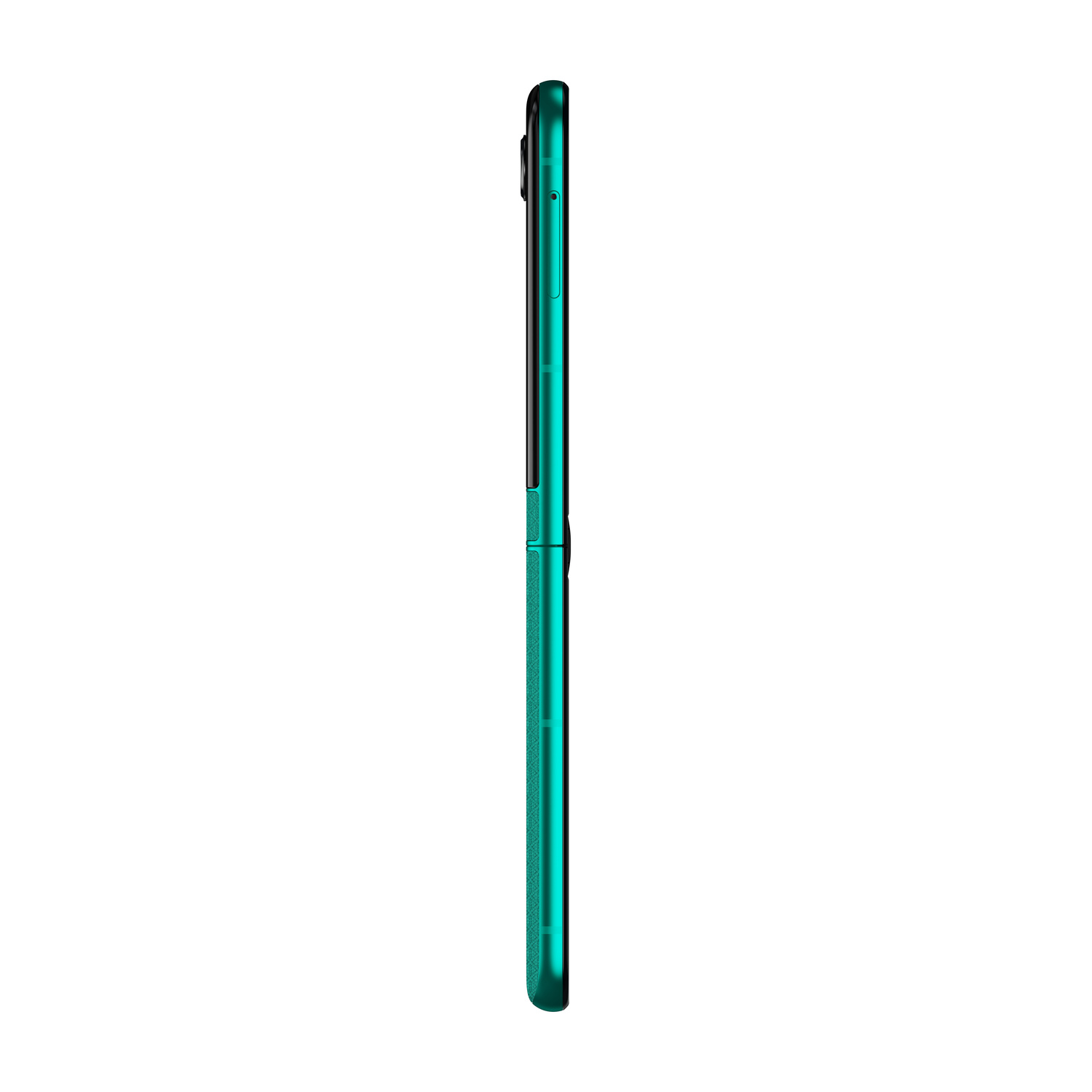 Un telefono flip verde smeraldo chiuso, mostrato di profilo su sfondo bianco.