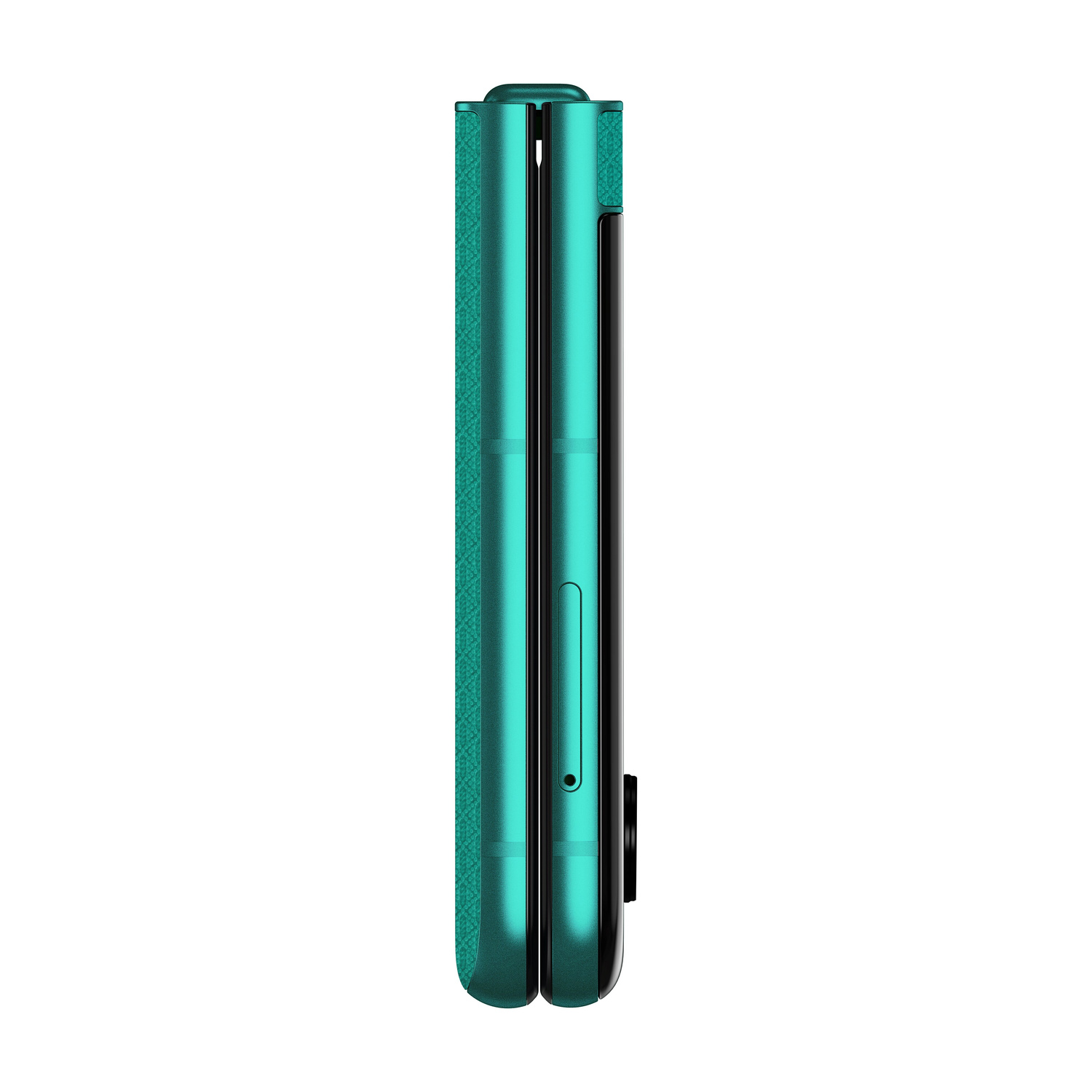 Uno smartphone chiuso color verde acqua in orientamento verticale, vista laterale.