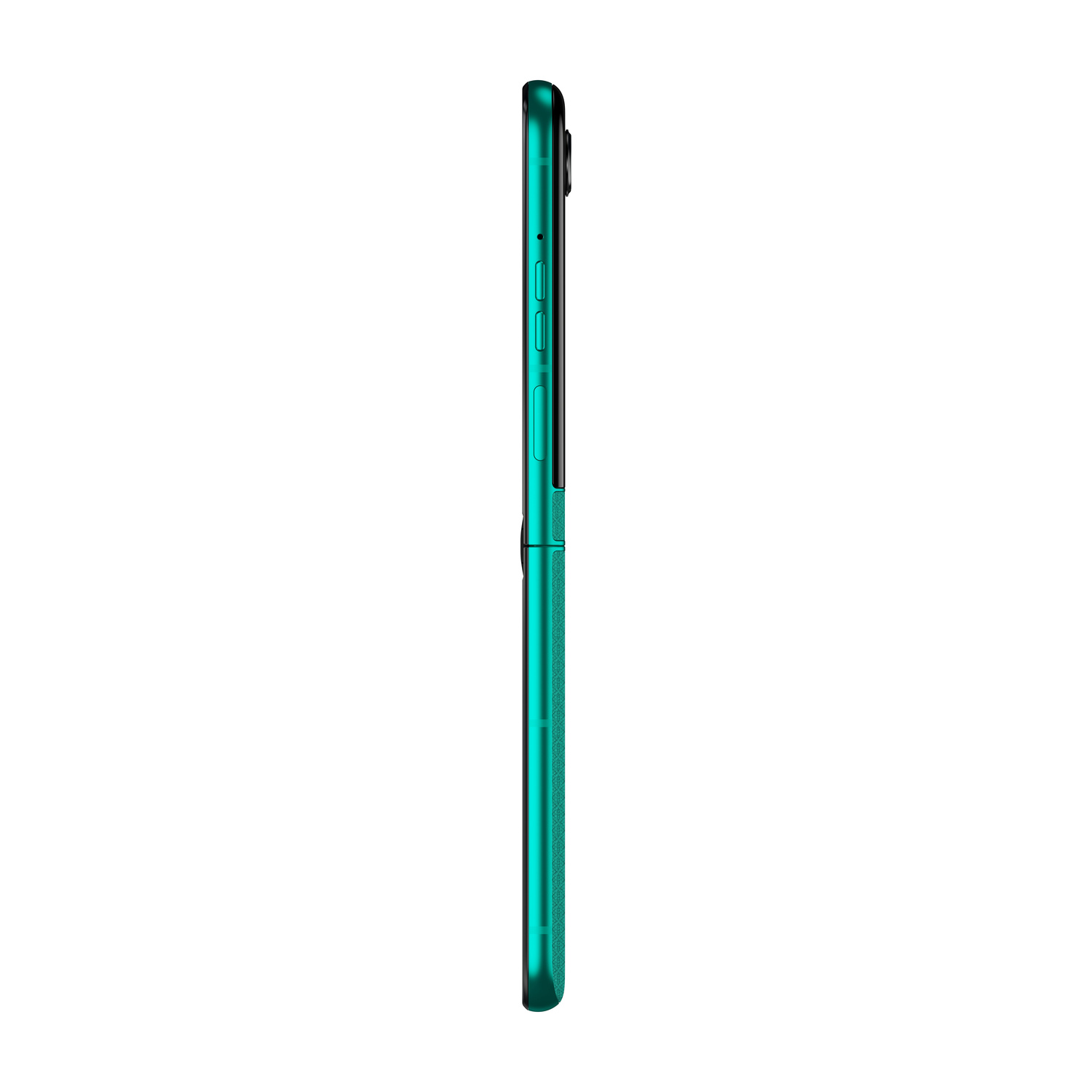 Un telefono flip verde smeraldo di profilo su sfondo bianco.