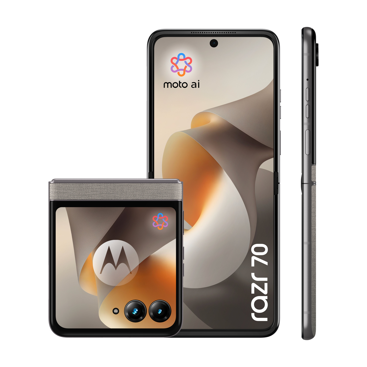 Tre viste dello smartphone pieghevole Motorola Razr 70 grigio.