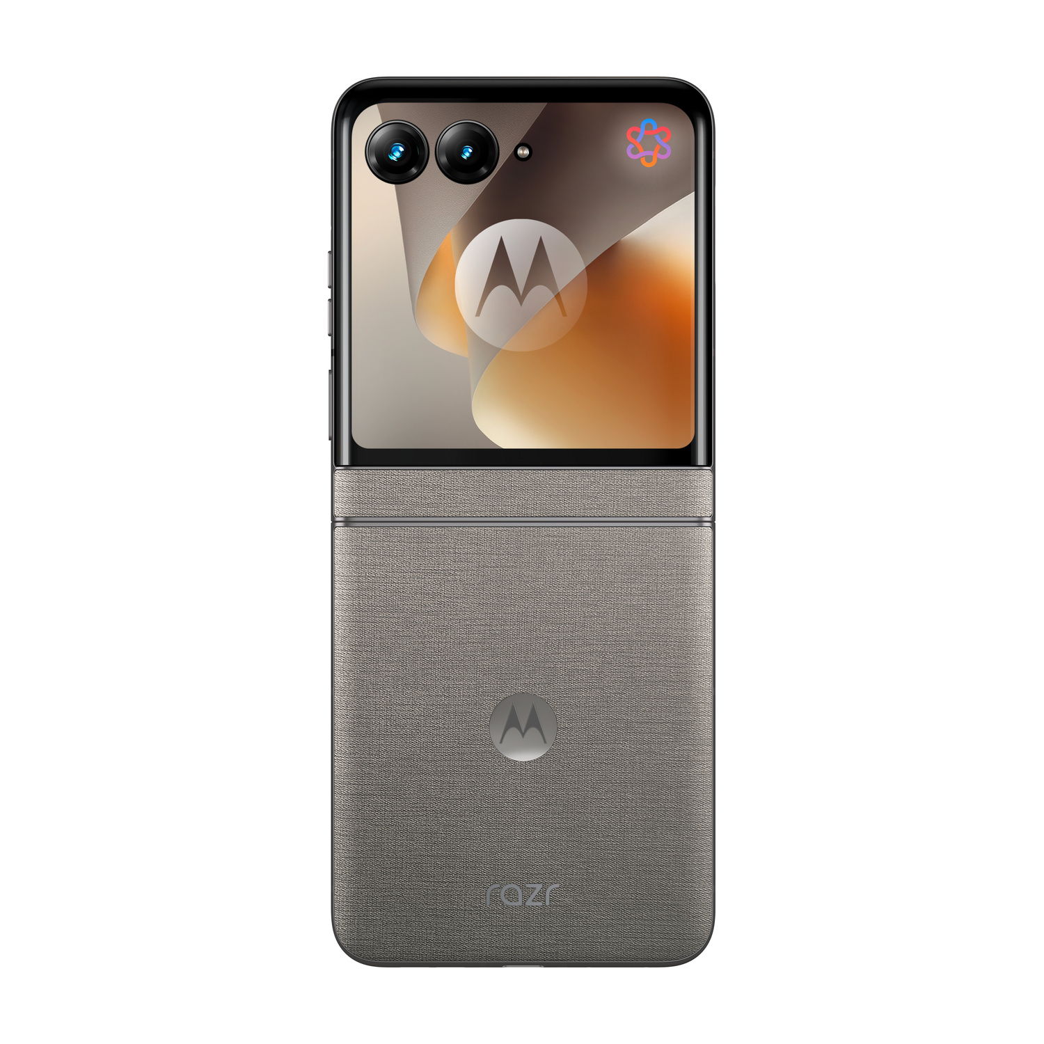 Un telefono Motorola Razr grigio chiuso con doppia fotocamera e logo Motorola.