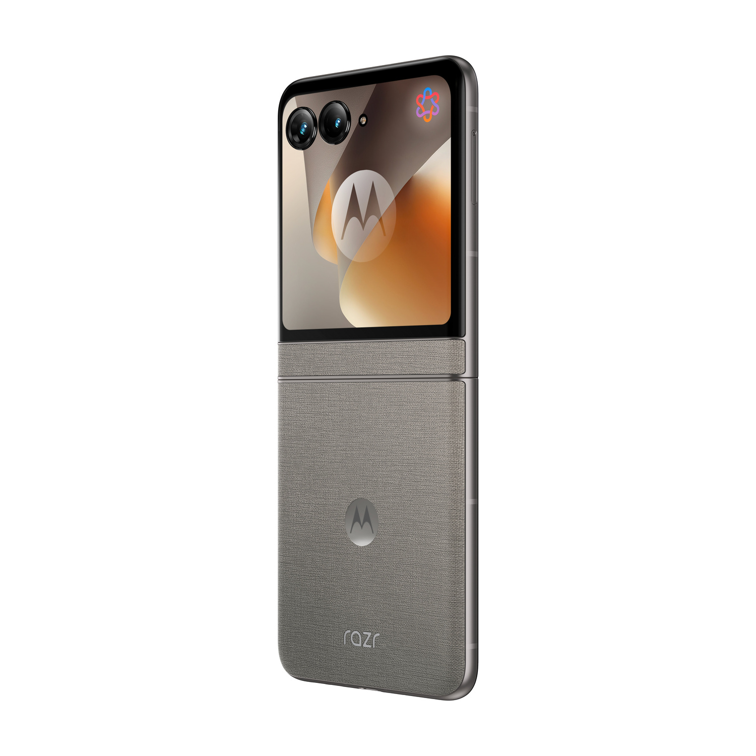Uno smartphone Motorola Razr grigio piegato con due fotocamere in alto.