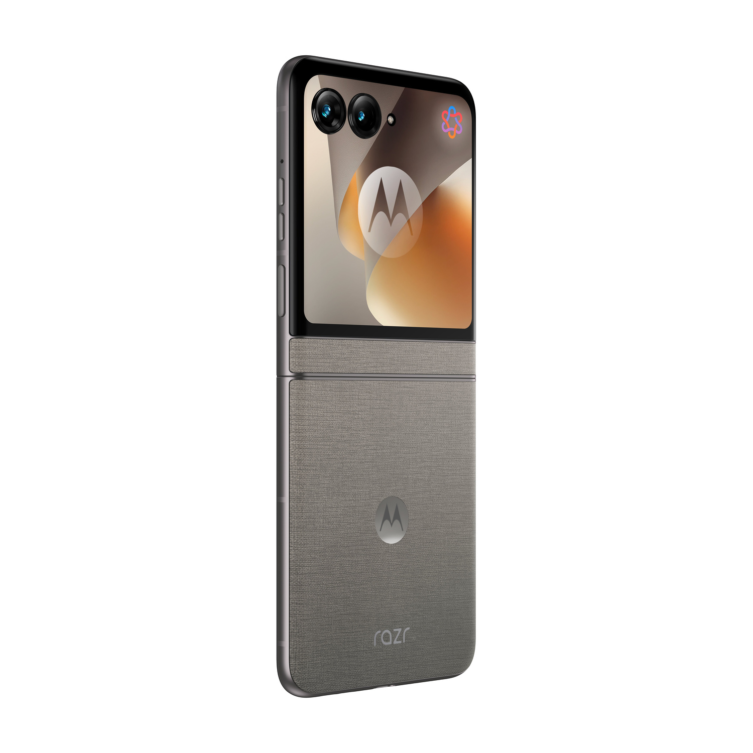 Un telefono pieghevole Motorola Razr grigio con due fotocamere e logo.