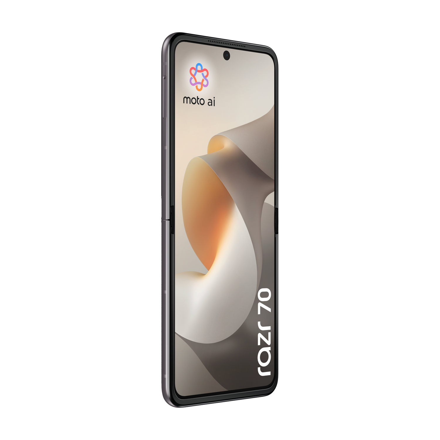 Uno smartphone Motorola Razr 70 chiuso, verticale, con logo "moto ai".