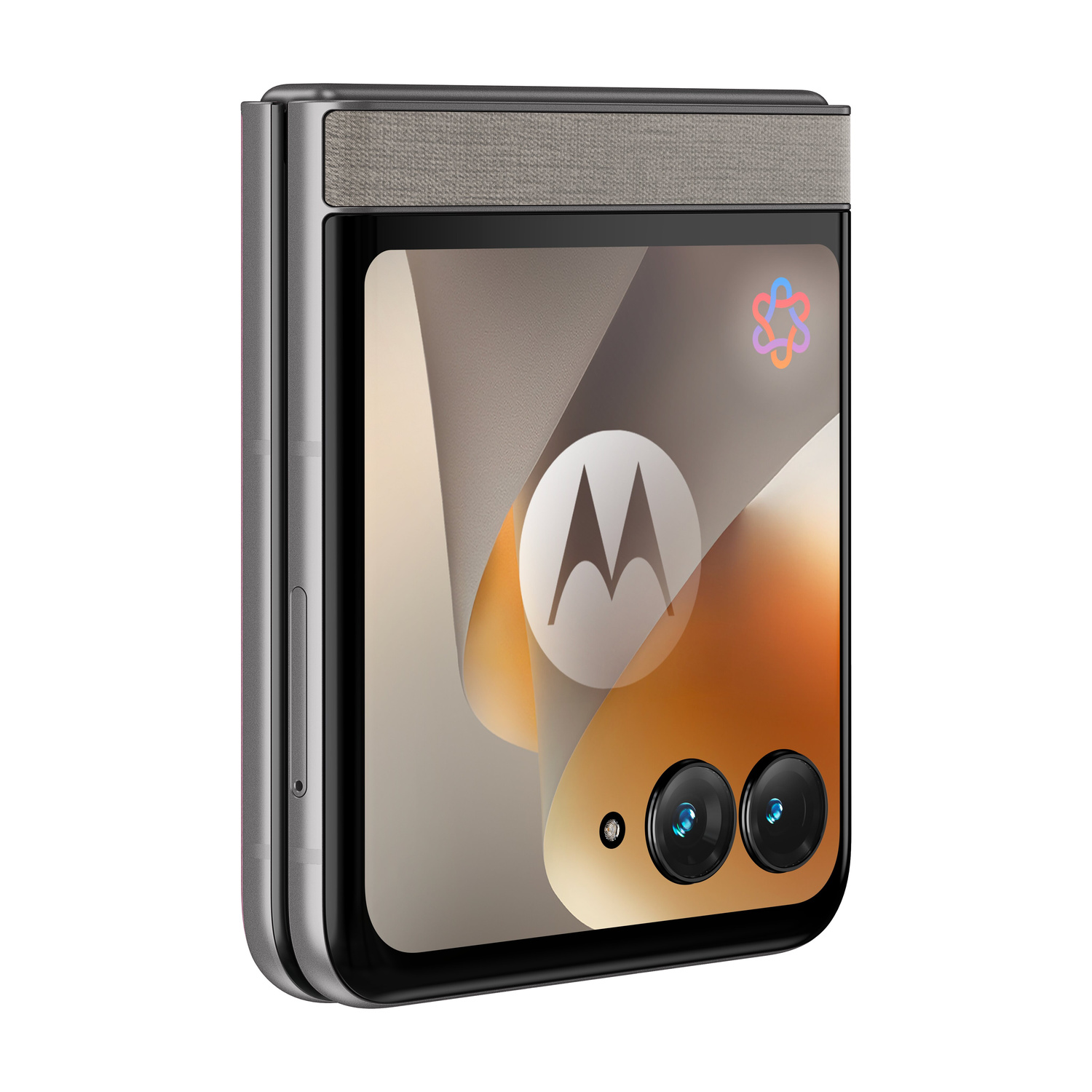 Telefono pieghevole grigio con logo Motorola e due fotocamere sullo schermo.