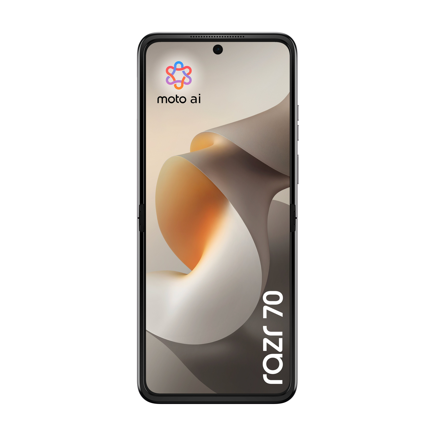 Uno smartphone Motorola Razr 70 nero con logo 'moto ai' e grafica astratta.