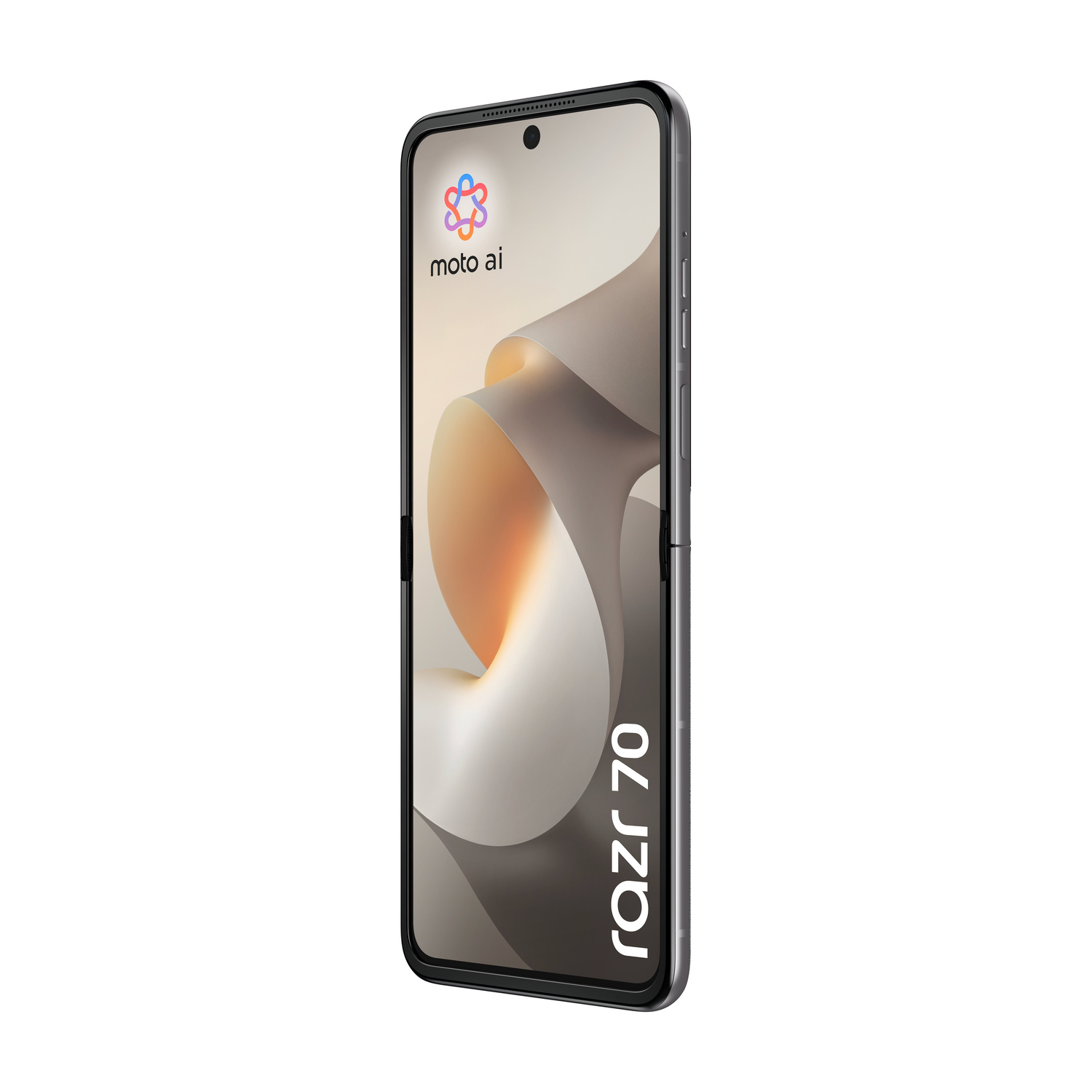 Un telefono flip chiuso e scuro con testo "razr 70" sullo schermo.