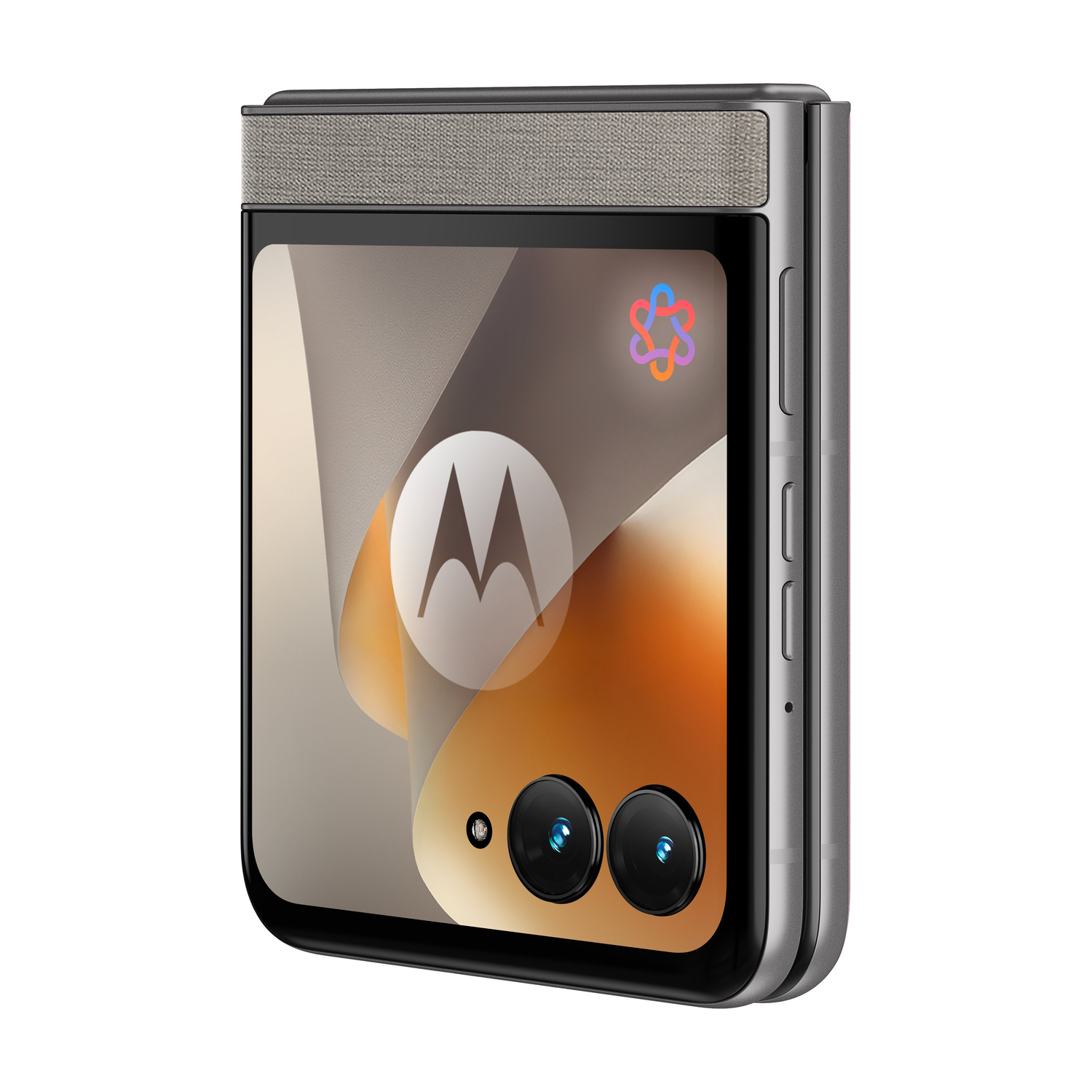 Un telefono Motorola piegato con una fascia in tessuto grigio in alto.