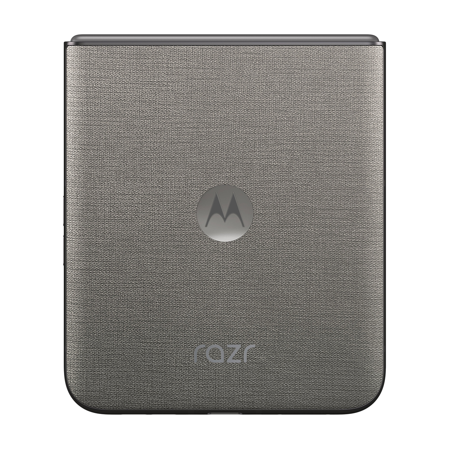 Telefono flip Motorola Razr grigio con logo Motorola e scritta Razr.