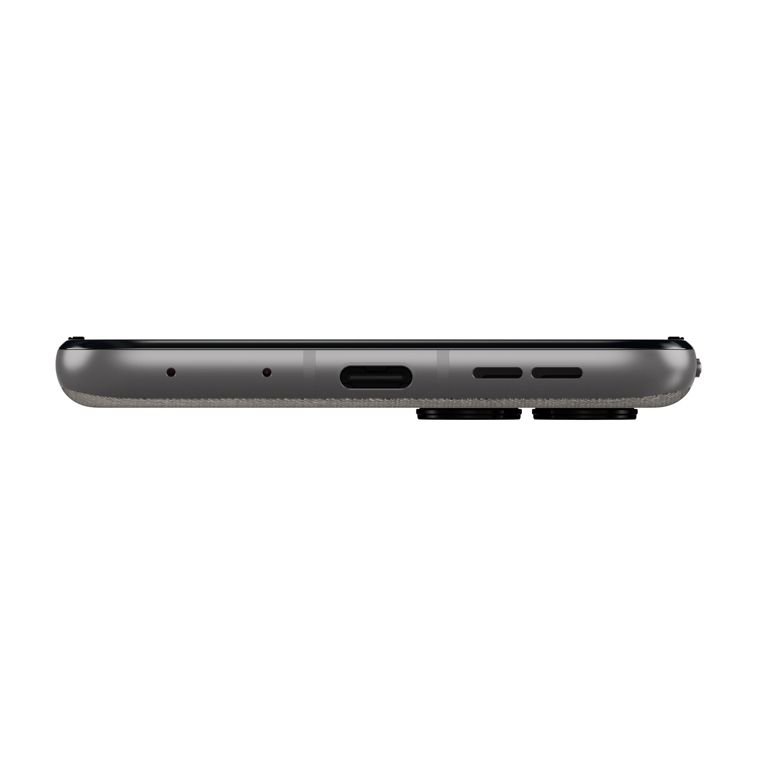 Vista inferiore di uno smartphone grigio con porta USB-C e griglie altoparlanti.