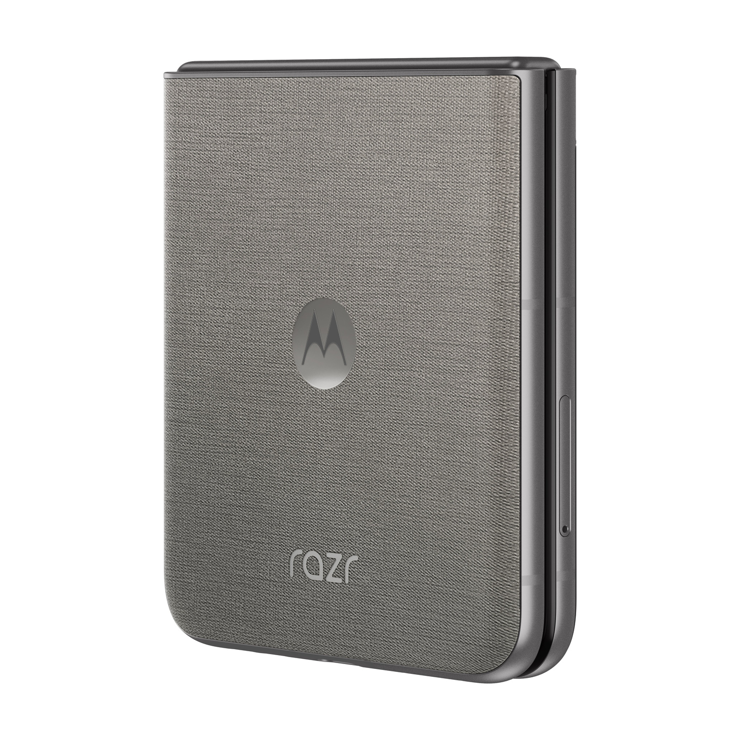 Telefono Motorola Razr grigio chiuso con texture in tessuto e logo Motorola.