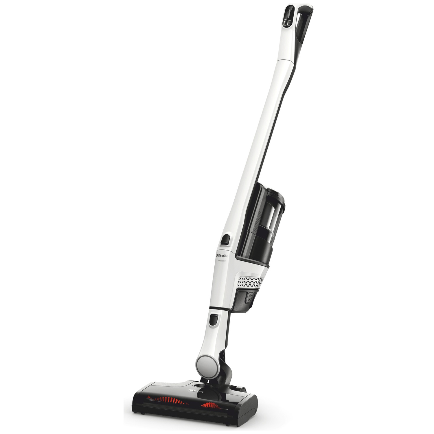 Un aspirateur sans fil blanc et noir se tient debout sur fond blanc.