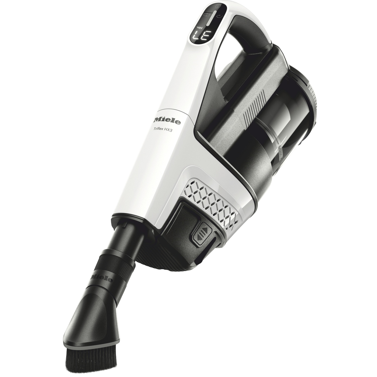 Un aspirateur sans fil Miele Triflex HX3 blanc et noir avec embout brosse.