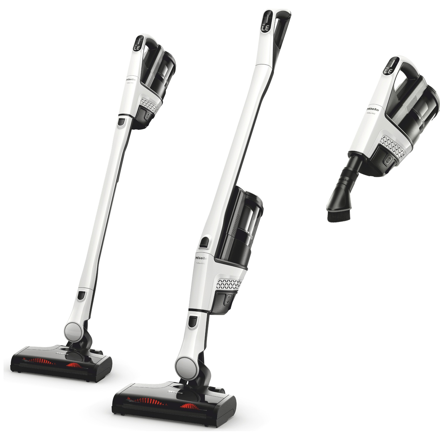 Trois aspirateurs sans fil blancs et noirs avec têtes de brosse sur fond blanc.