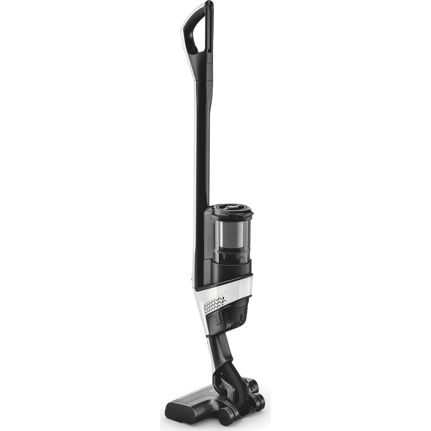Un aspirateur sans fil noir et blanc avec réservoir transparent et poignée.