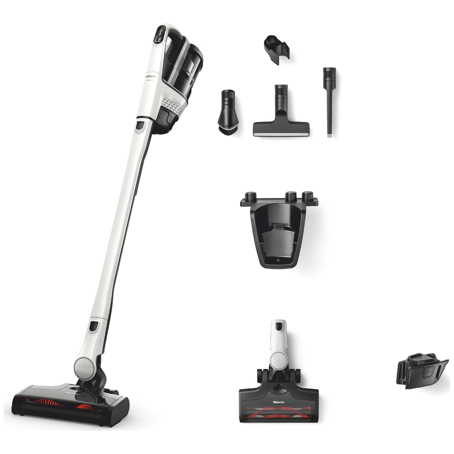 Un aspirateur sans fil blanc et noir avec accessoires.