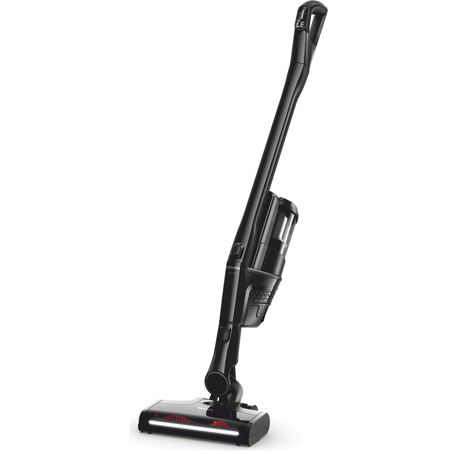 Black cordless vacuum cleaner with LED light on the floor head.