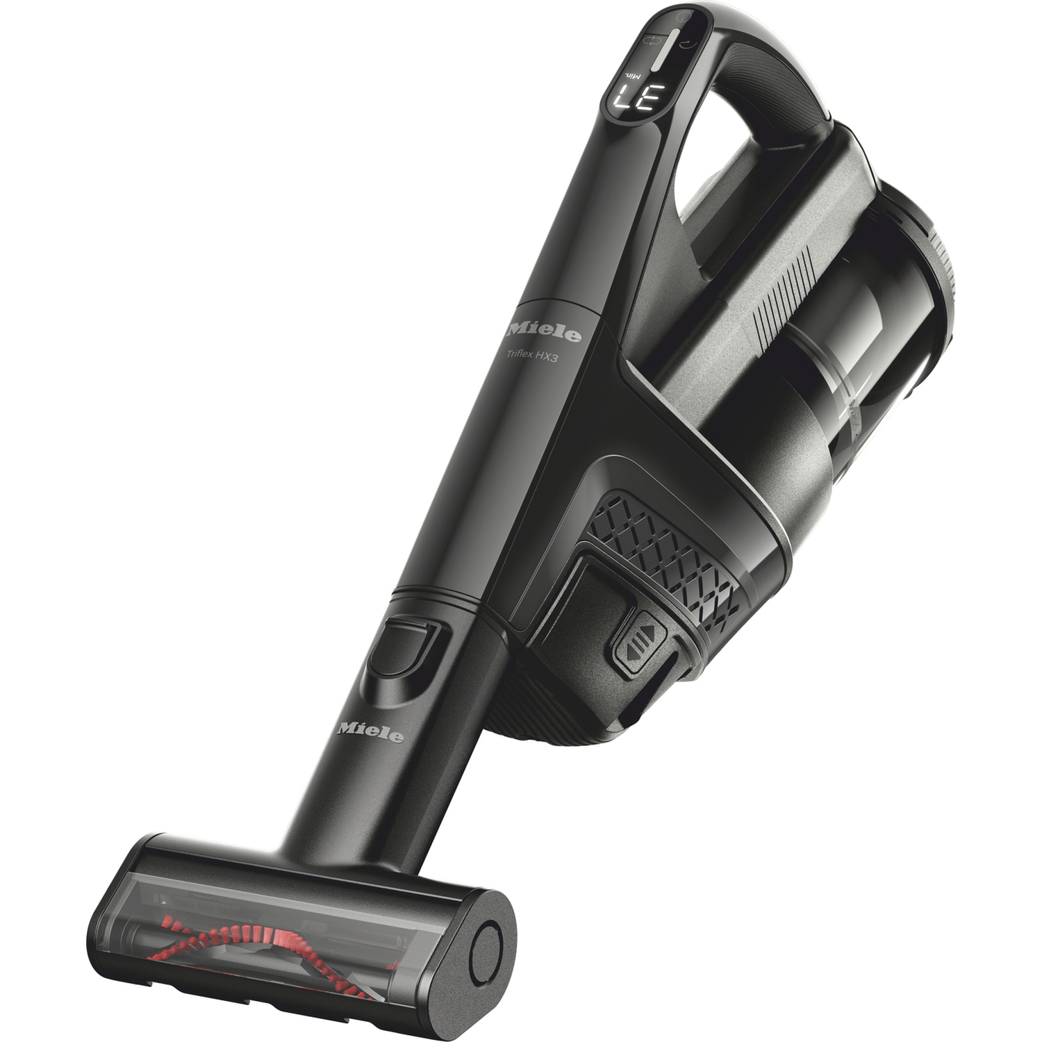 Black Miele Triflex HX3 cordless vacuum cleaner with brush head and handle.