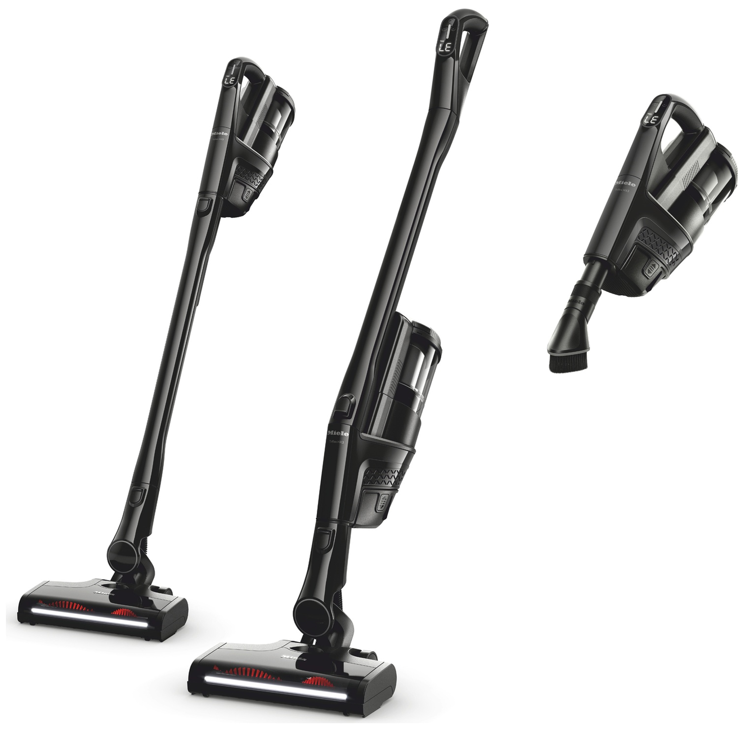 Three black cordless vacuum cleaners in different views on a white background.