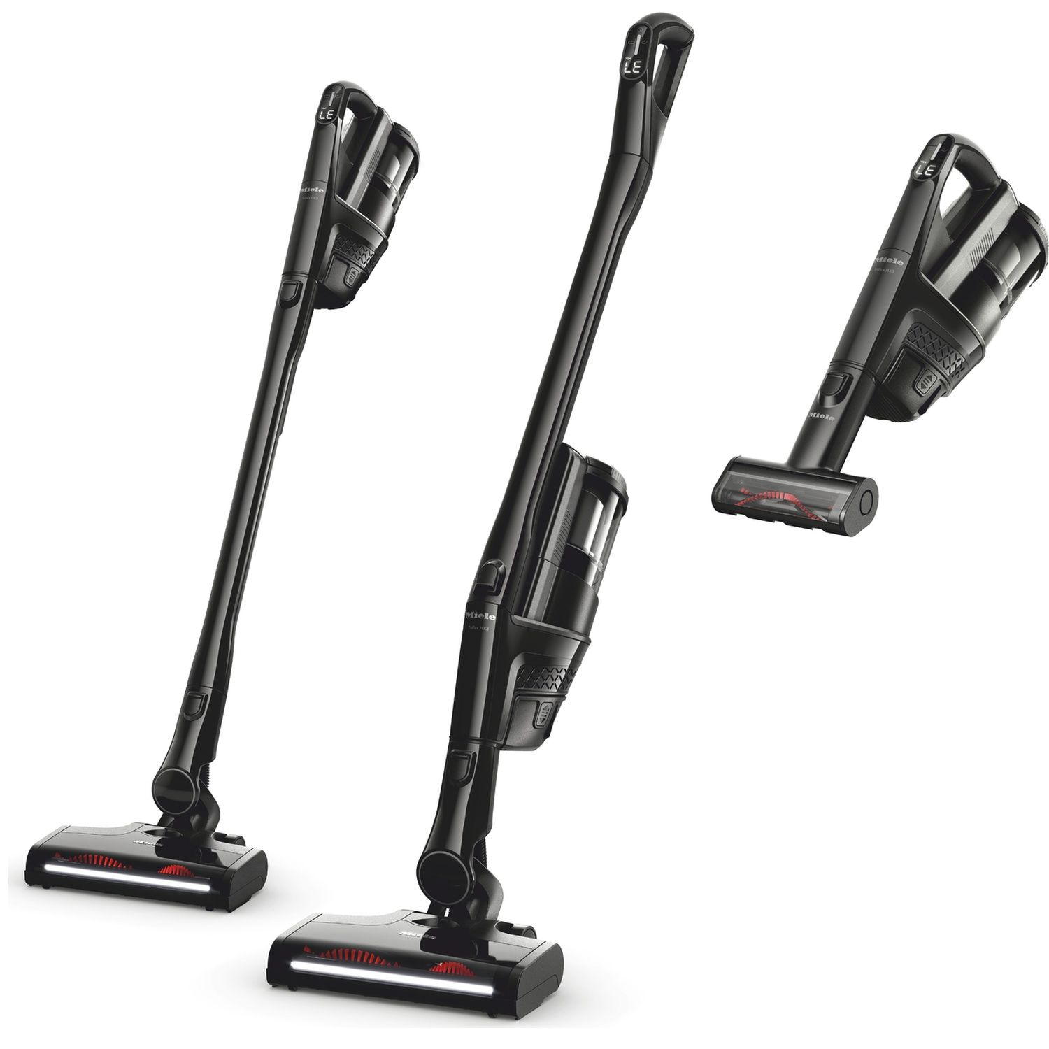 Three black cordless vacuum cleaners shown from different angles on a white background.