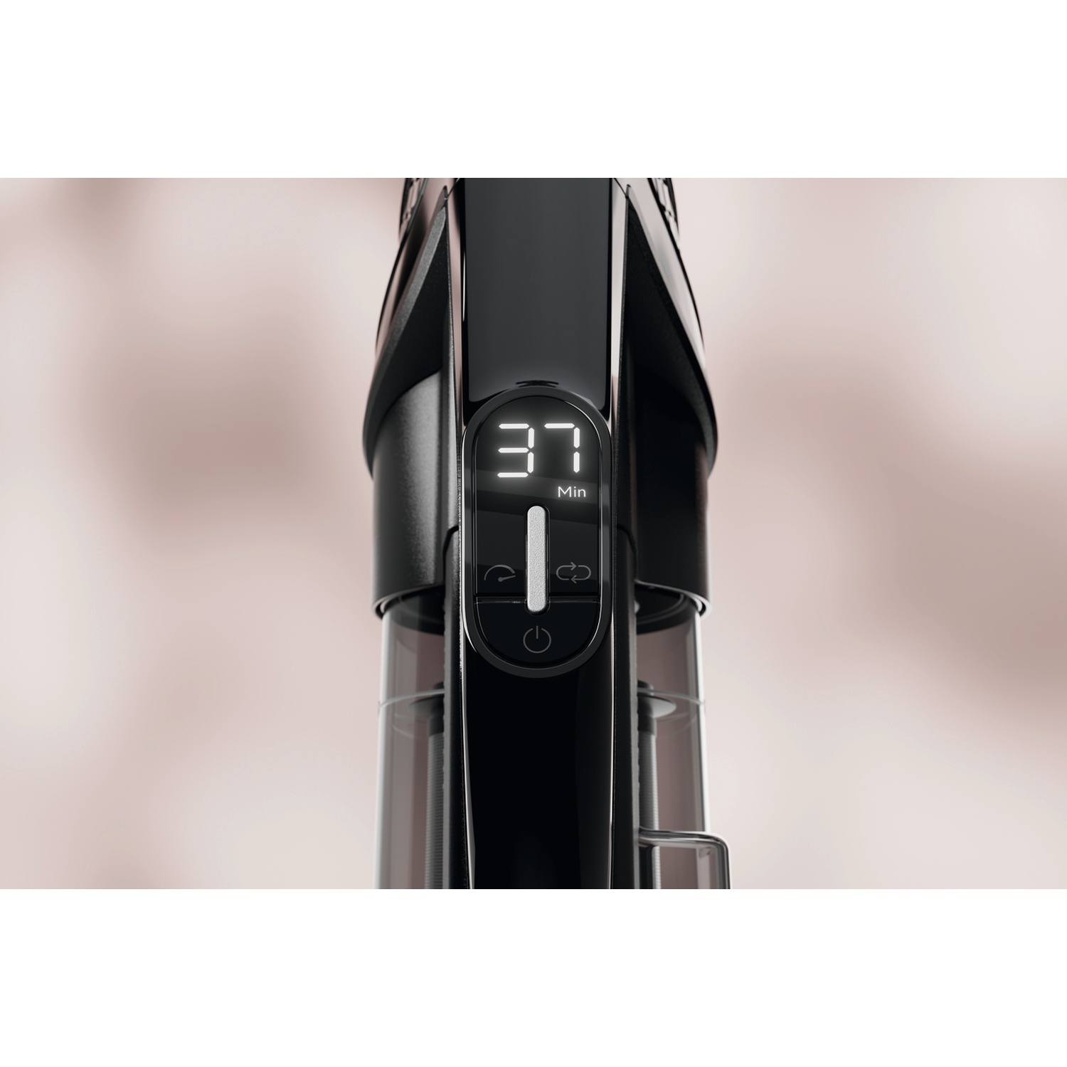 Black vacuum cleaner handle with a digital display showing 37 Min.