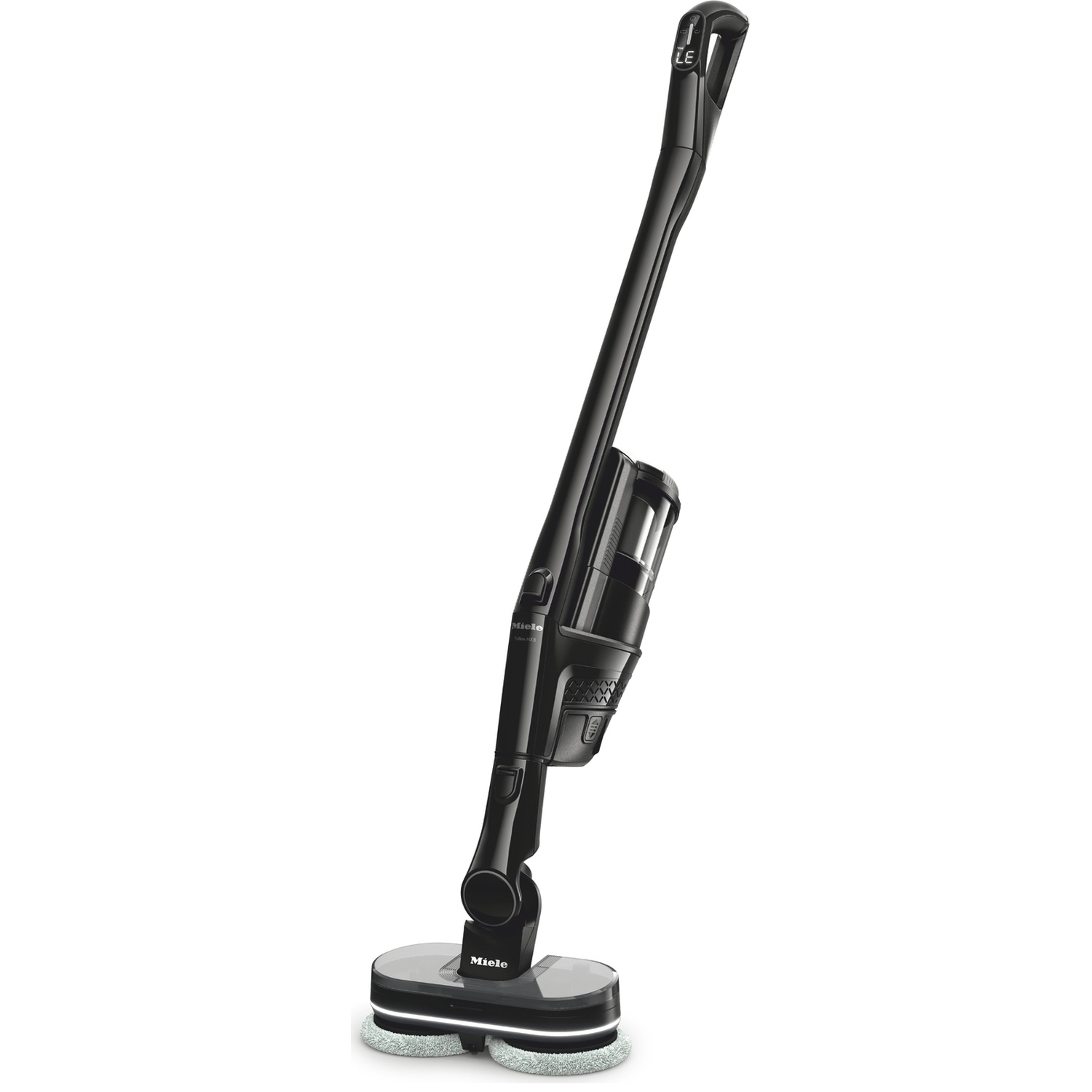 Aspirateur balai sans fil Miele noir avec brosses rotatives à la base.