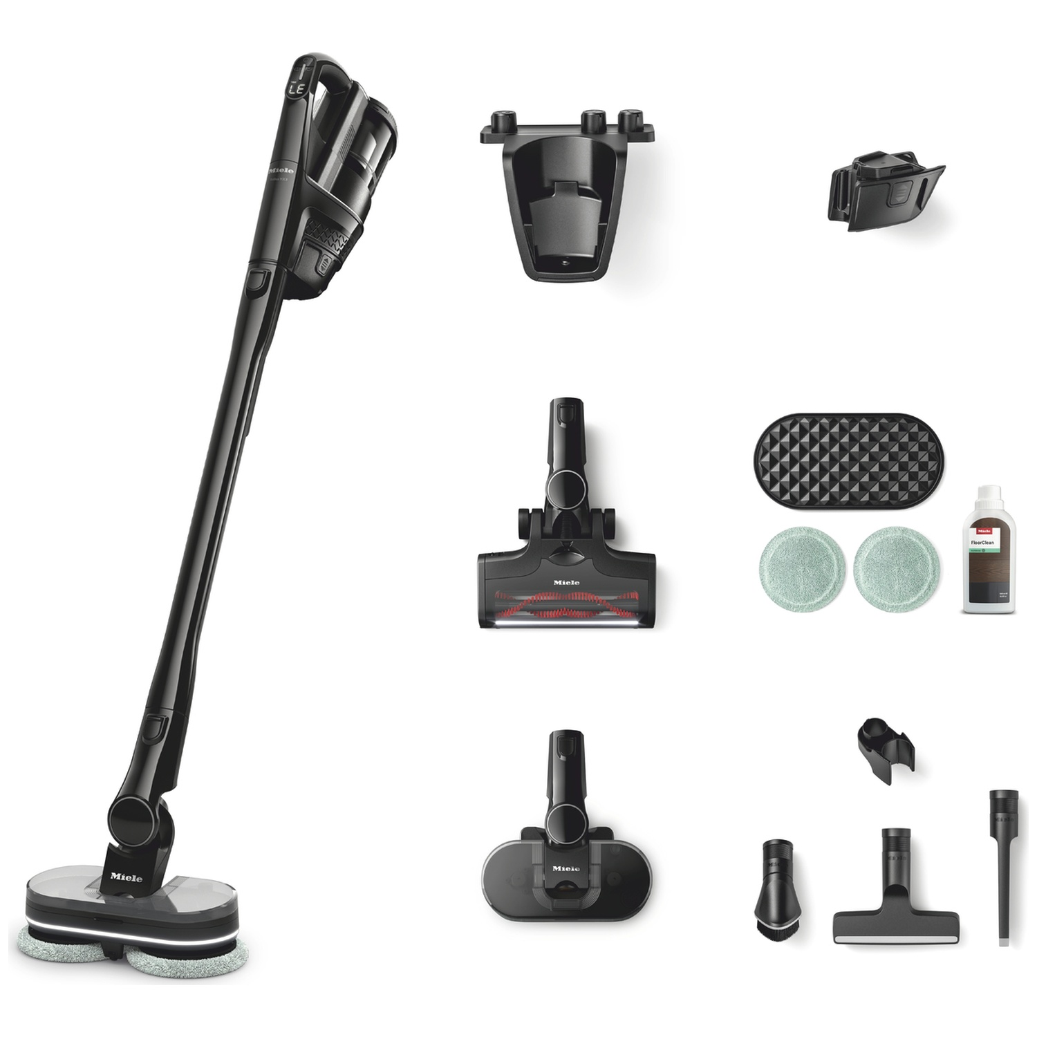 Aspirateur sans fil noir avec accessoires, y compris des têtes de brosse et une station de charge.