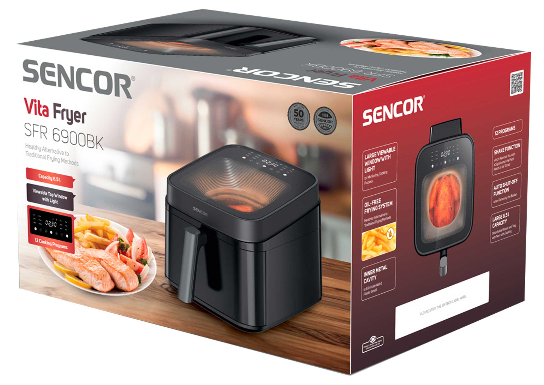 SENCOR Vita Fryer SFR 6900BK doboz ételfotóval.