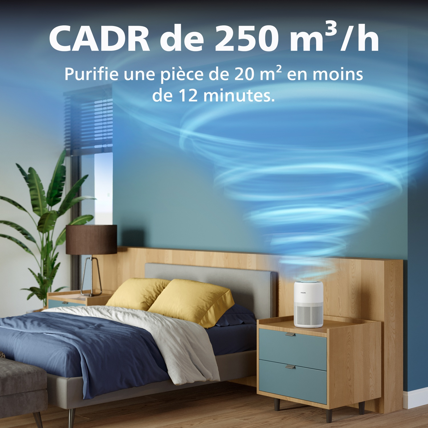 Un purificateur d'air Philips sur une table de chevet près d'un lit dans une chambre.