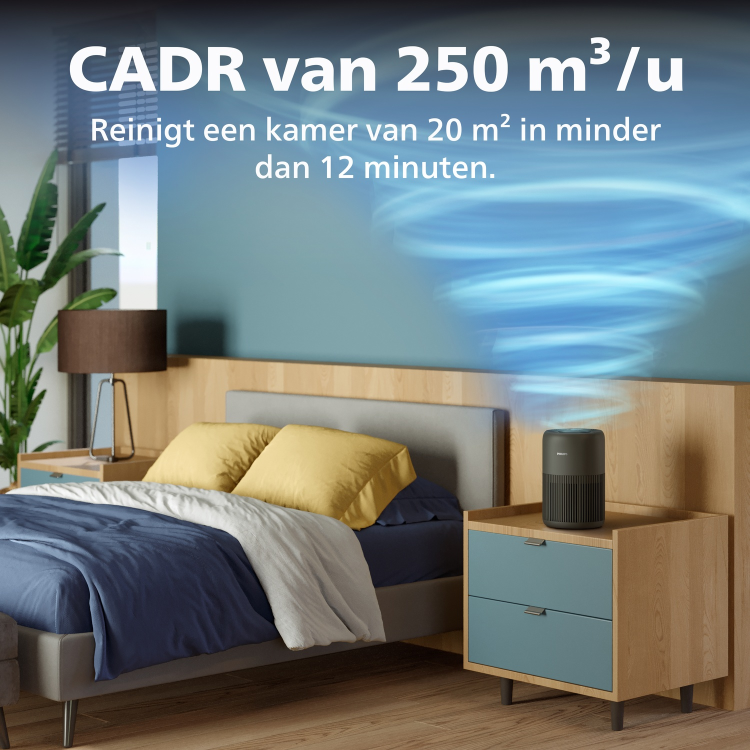 Air purifier on nightstand next to bed, with swirl above.