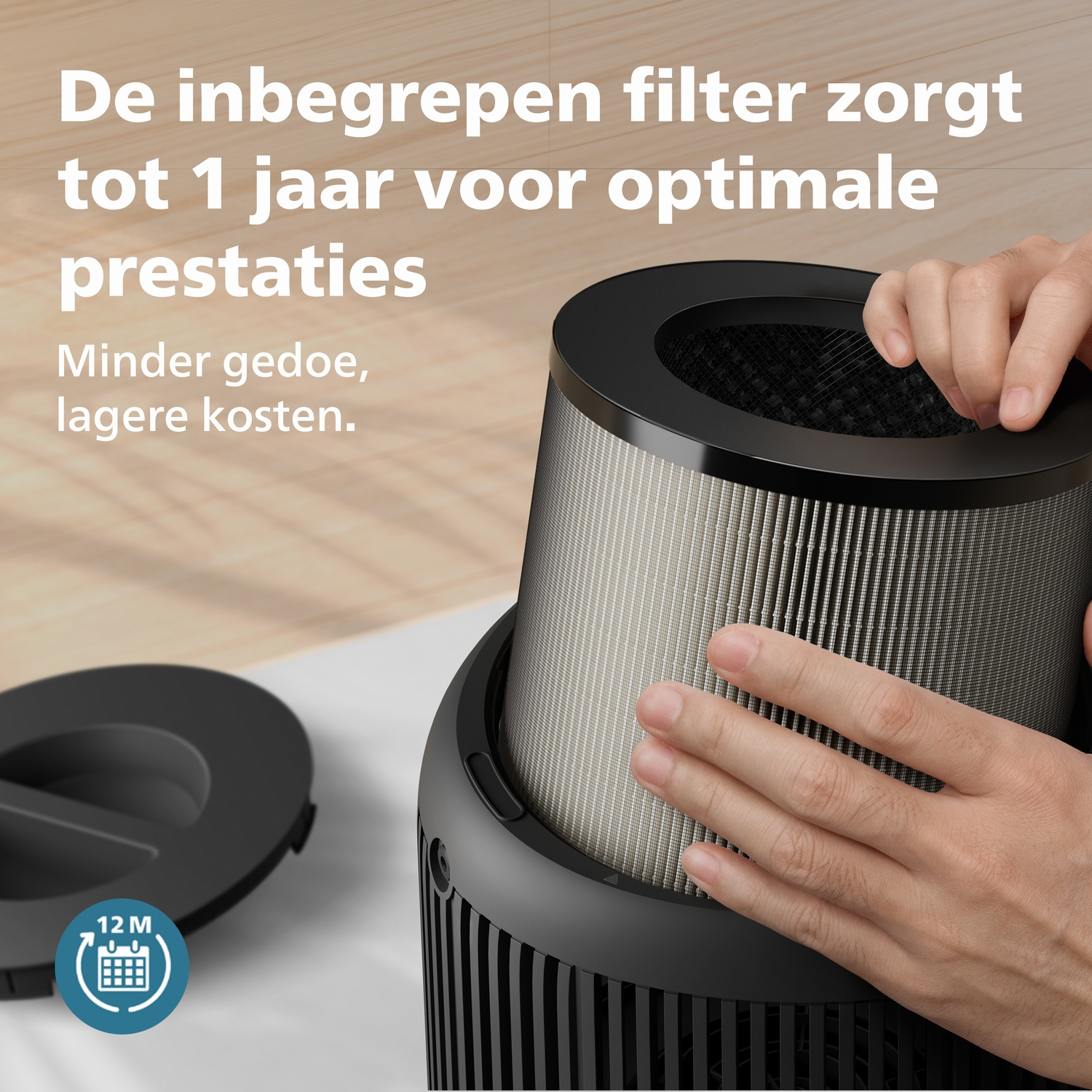 Hands replace an air filter lasting up to 1 year.