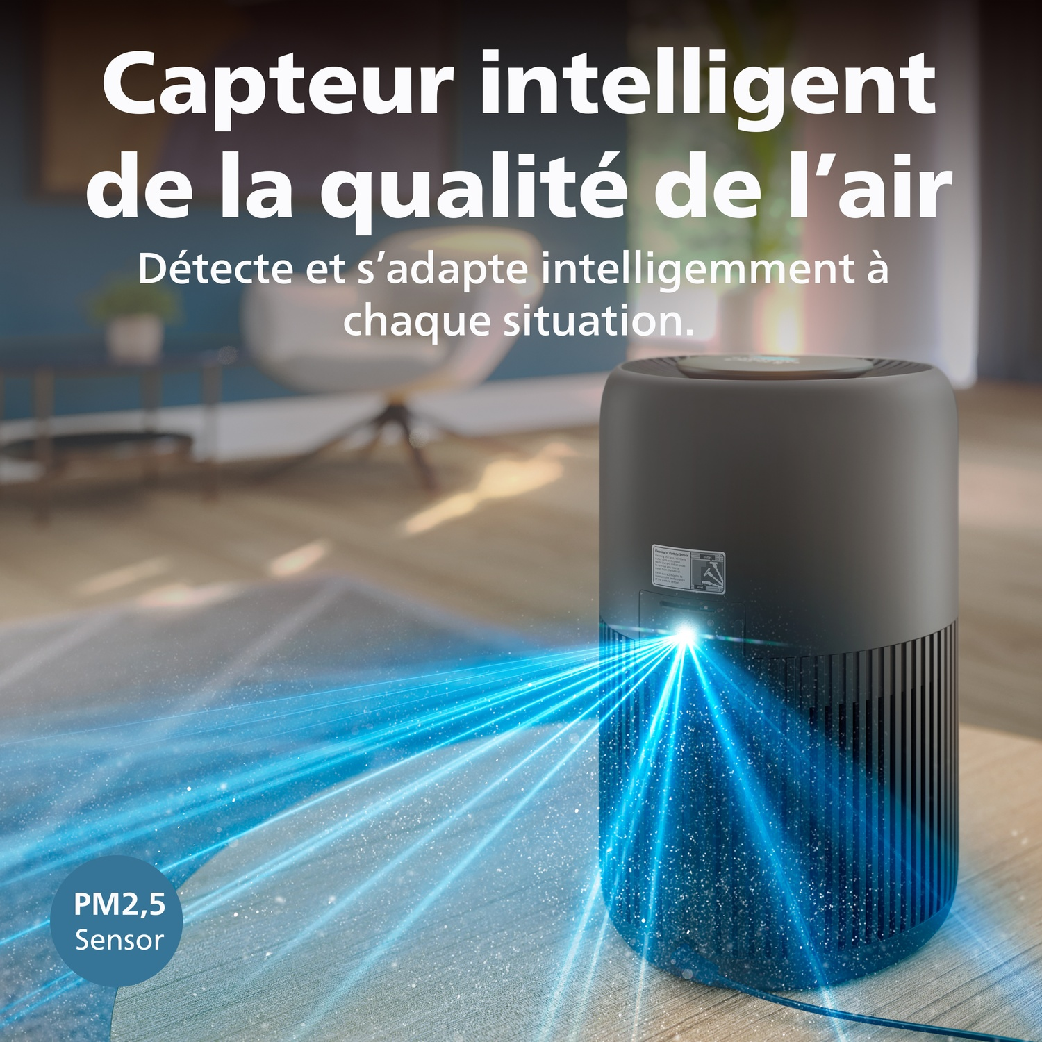 Un purificateur d'air avec des rayons lumineux bleus détectant le PM2,5.