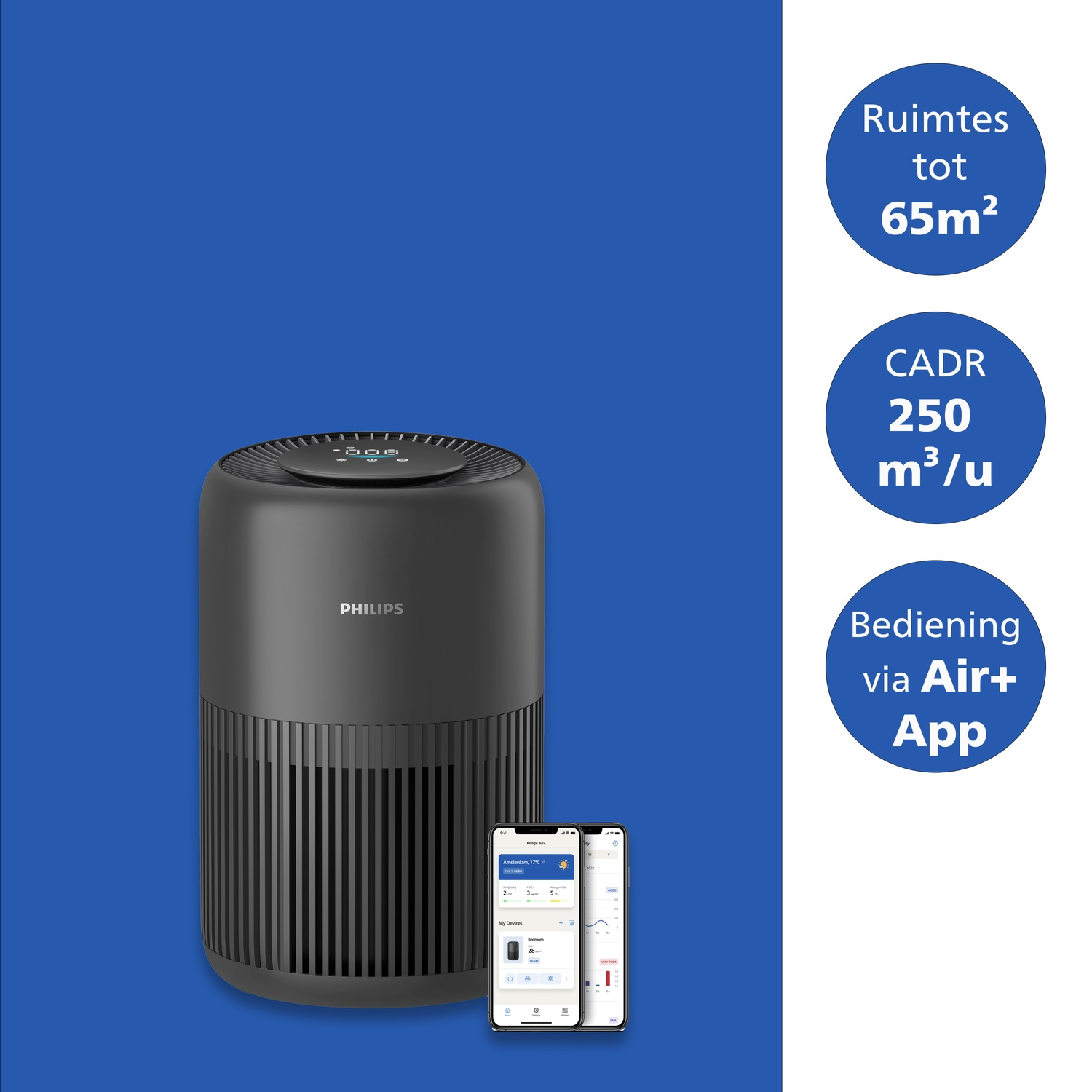 Black Philips air purifier with two smartphones displaying the Air+ app.