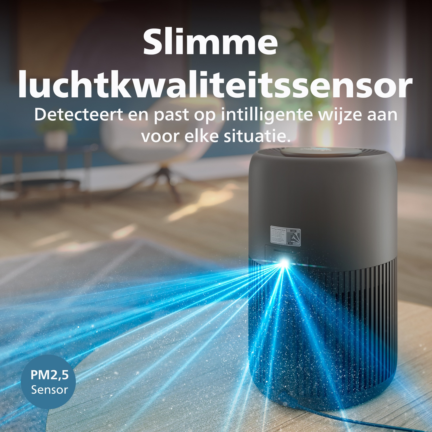 A gray air purifier with blue light beams detecting PM2.5.