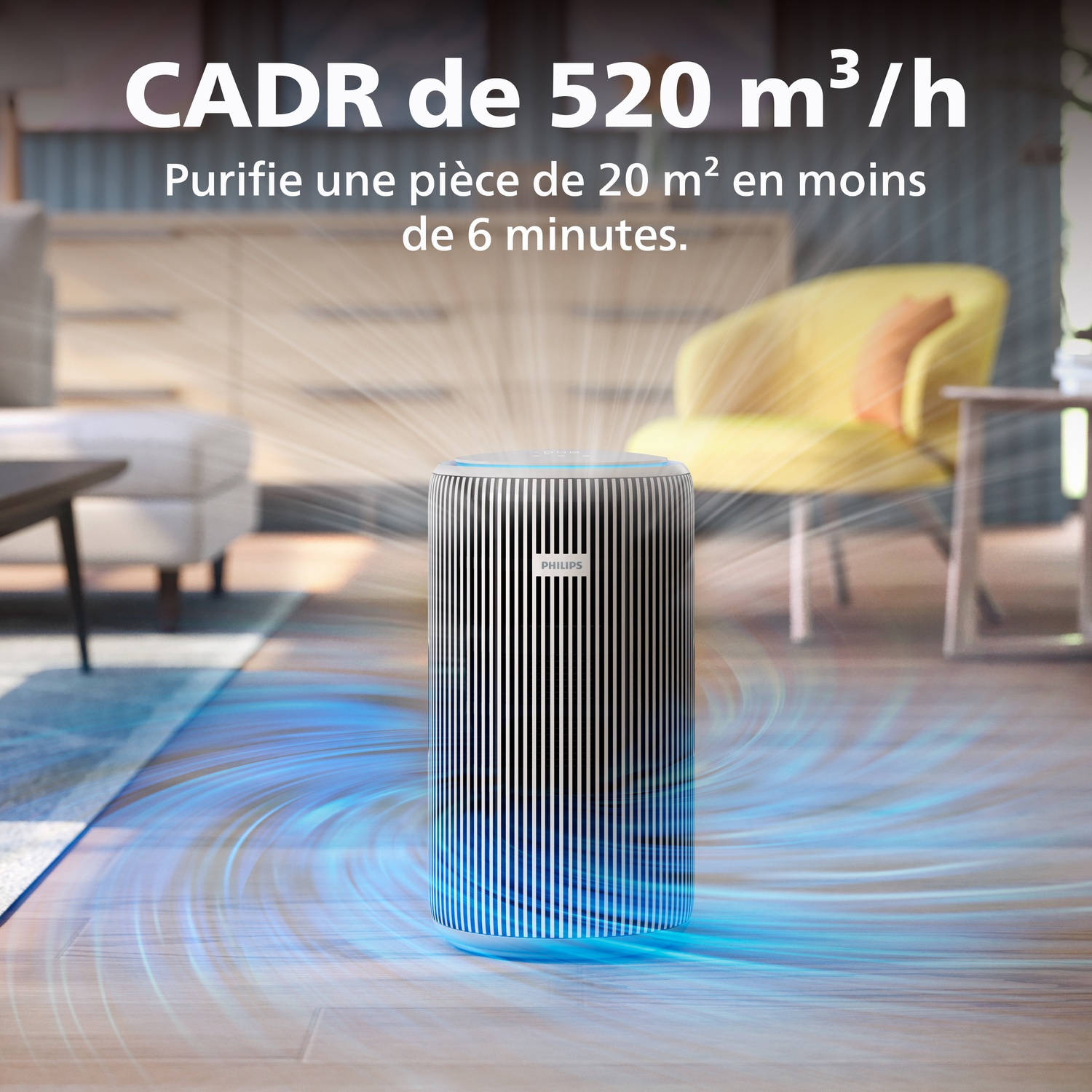 Un purificateur d'air Philips avec des effets de lumière bleue sur un plancher en bois.