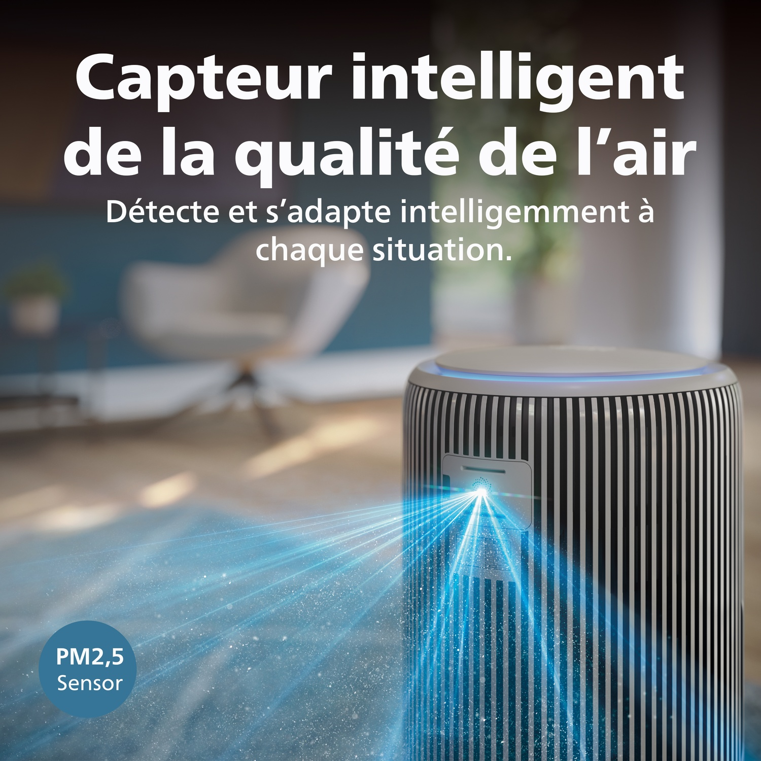 Moniteur intelligent de qualité de l'air avec capteur PM2.5 détectant les particules.
