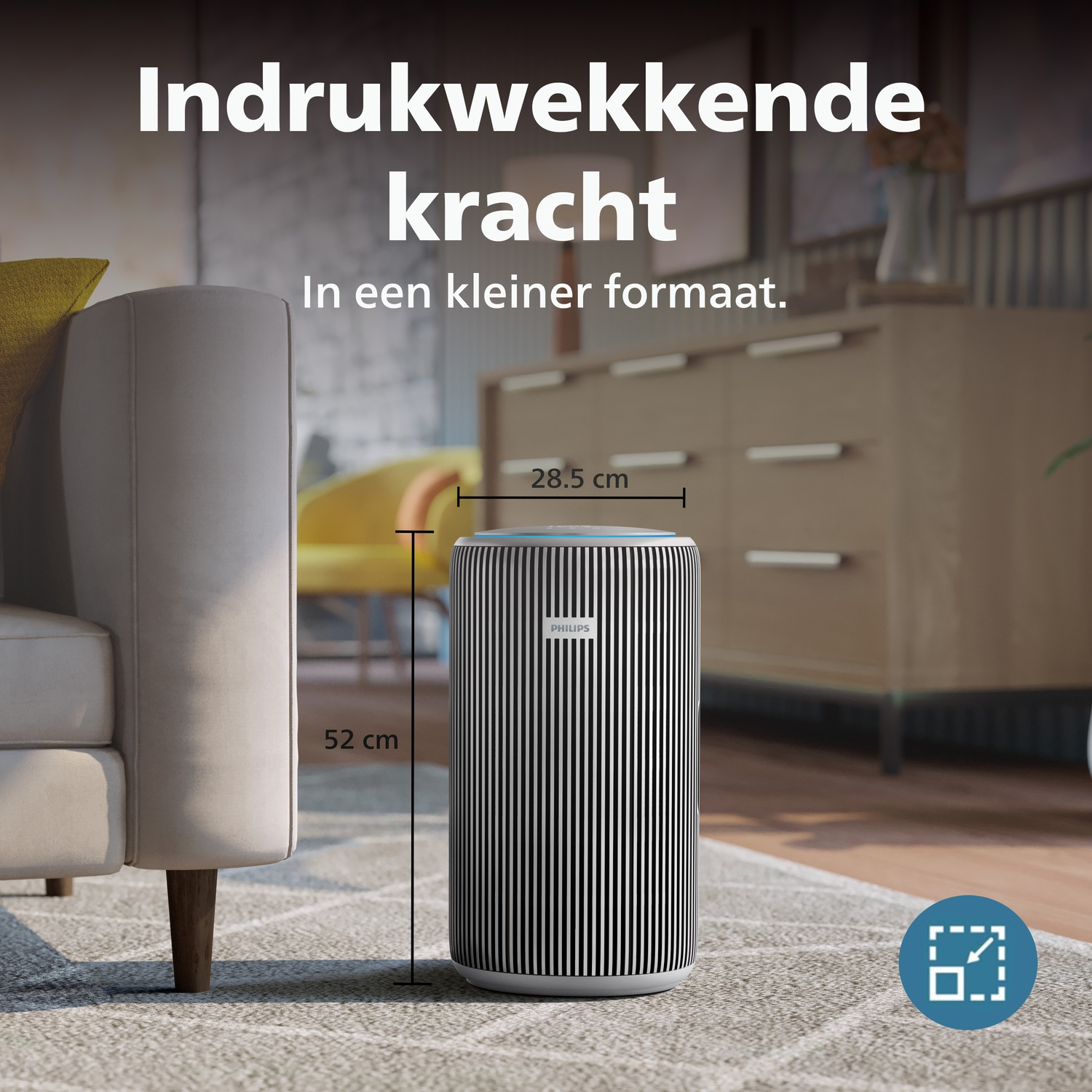 A white Philips air purifier with vertical stripes stands on a rug next to a sofa.