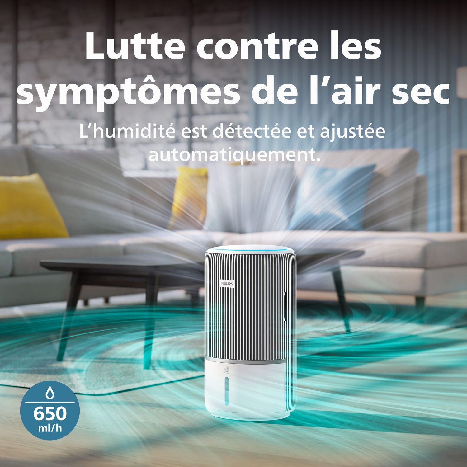 Humidificateur dans un salon, 650 ml/h, lutte contre les symptômes d'air sec.