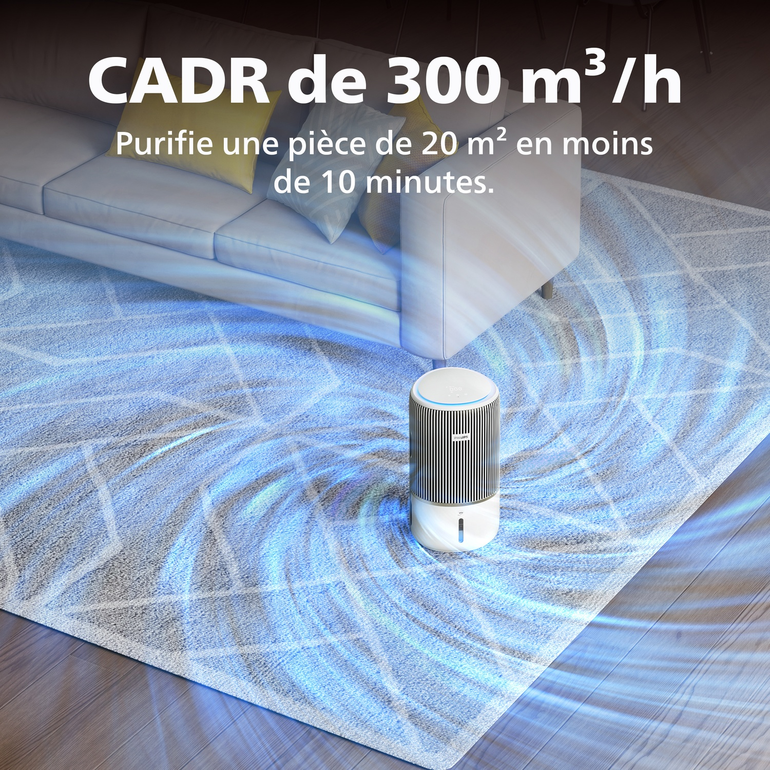 Un purificateur d'air blanc sur un tapis, purifiant l'air à 300 m³/h.