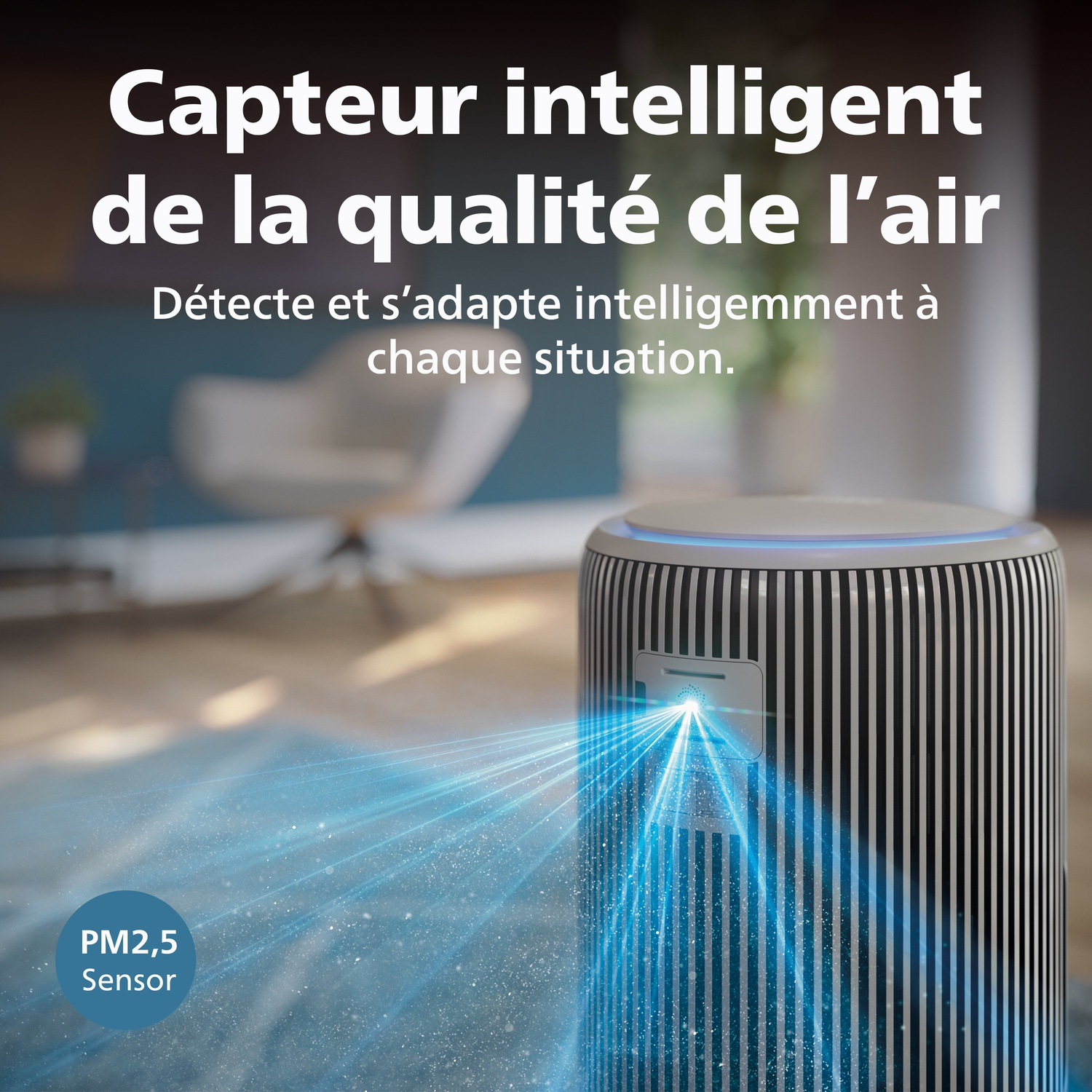 Un capteur intelligent de qualité de l'air avec des rayons bleus montrant des particules.