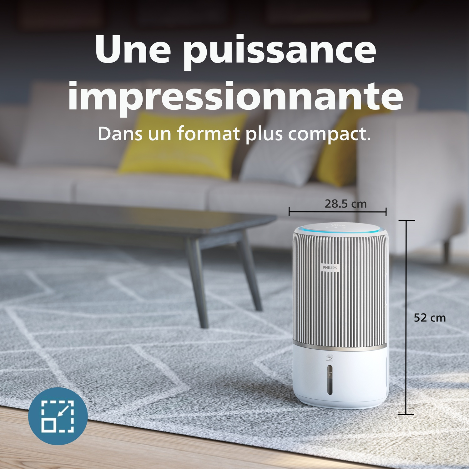 Un purificateur d'air Philips blanc avec lumière bleue, 52cm de haut, 28.5cm de large.