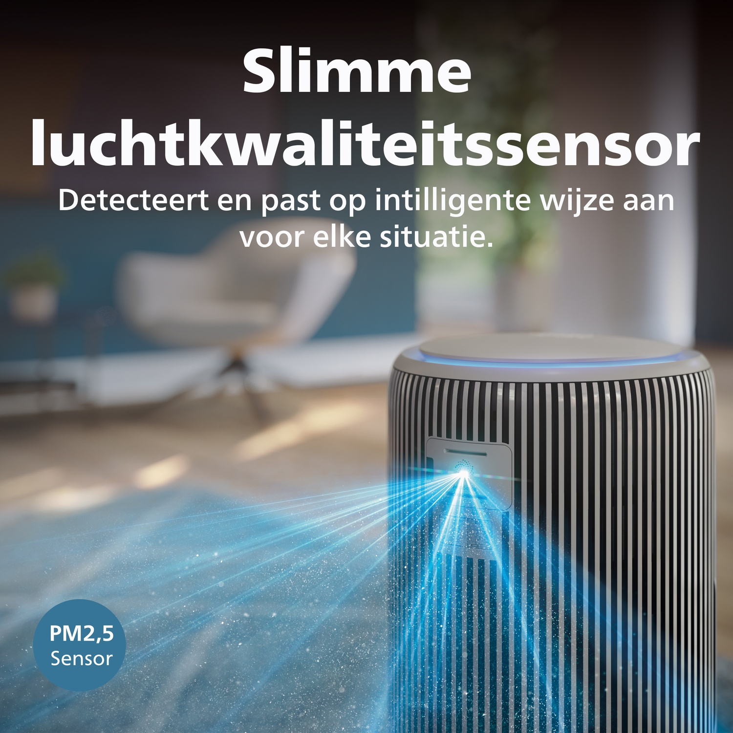 An air purifier captures particles. Text: Smart air quality sensor.