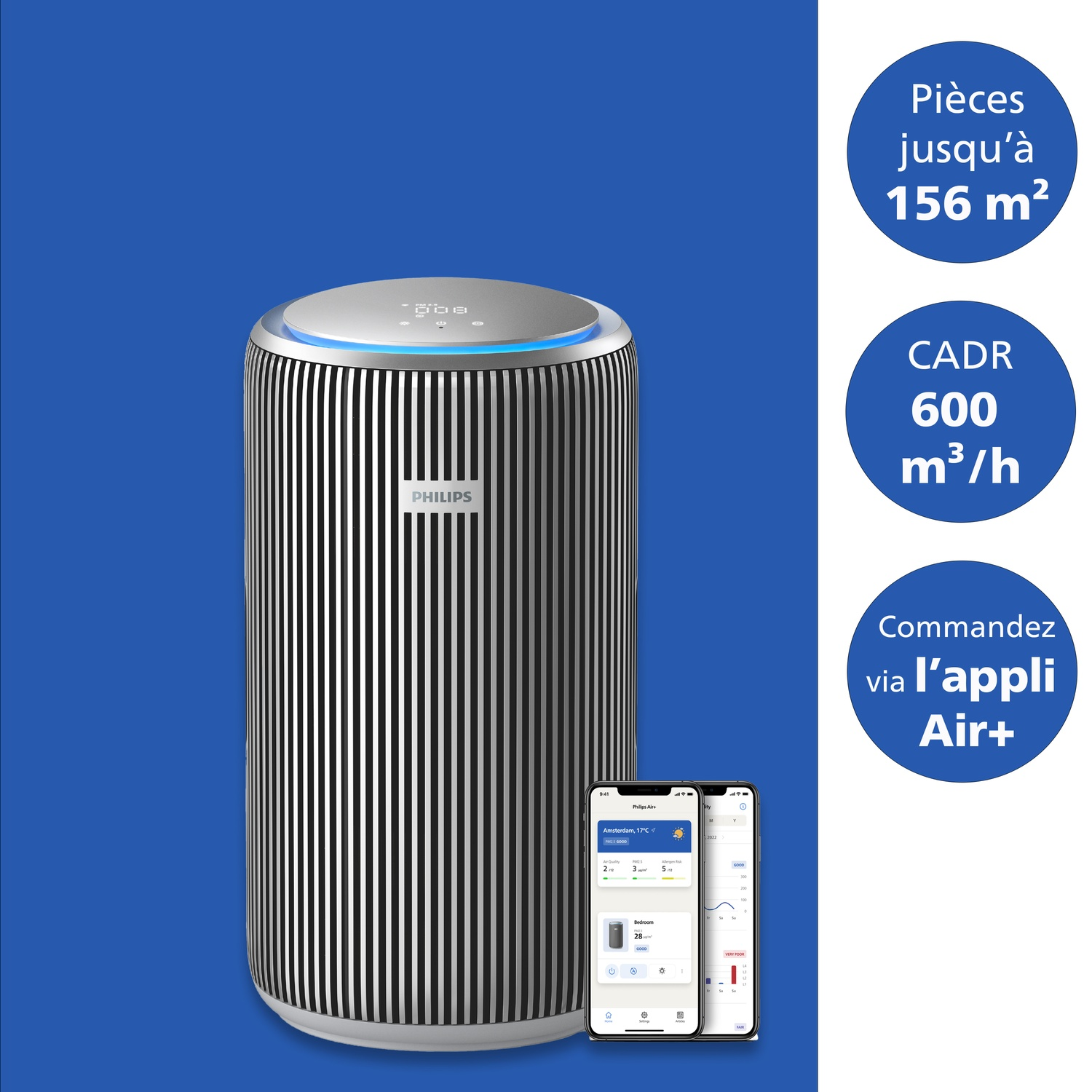 Un purificateur d'air argenté à rayures noires avec deux écrans de smartphone à côté.