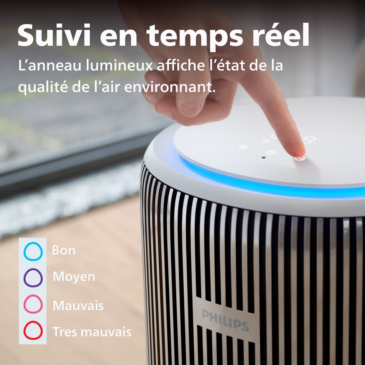 Purificateur d'air Philips affiche la qualité de l'air: Bon, Moyen, Mauvais.