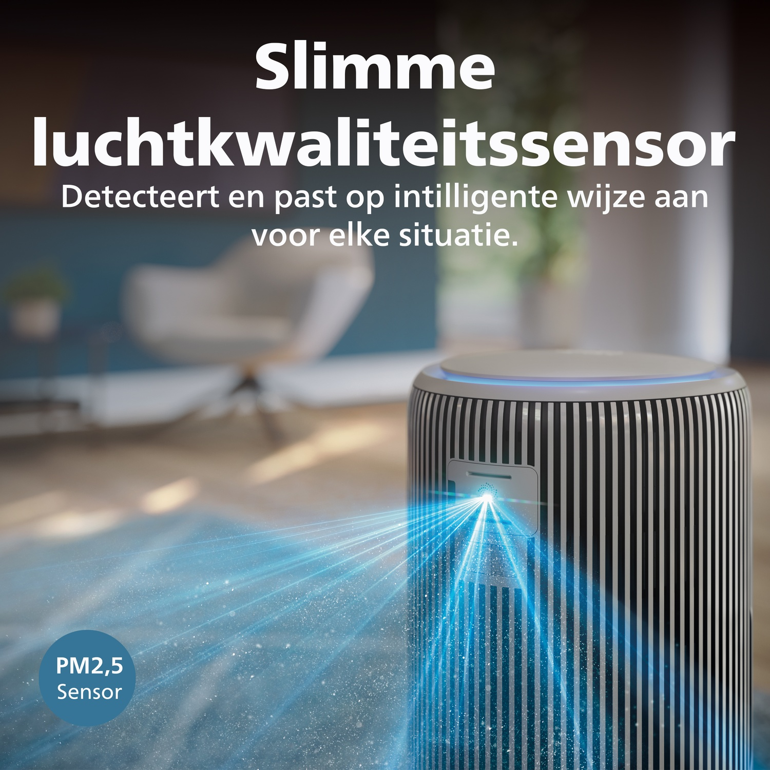 Air purifier with PM2.5 sensor, detecting and adapting air quality.