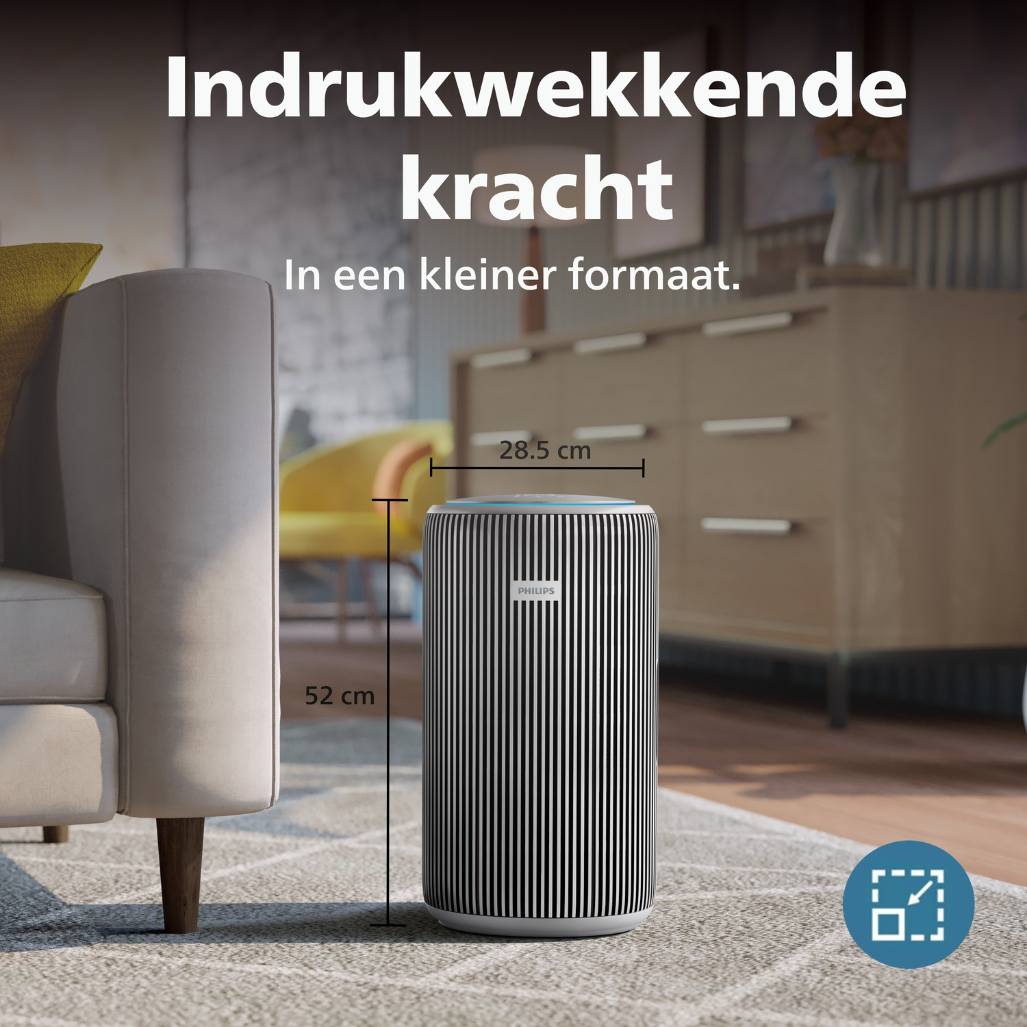 A slim, white, vertically striped air purifier stands next to a sofa. Dimensions: 52cm H, 28.5cm W.