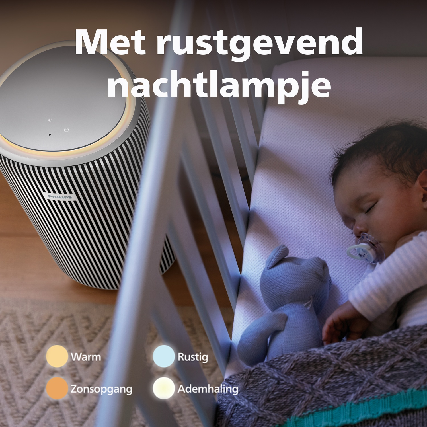 A baby sleeps peacefully in a crib next to a bedside lamp with light.